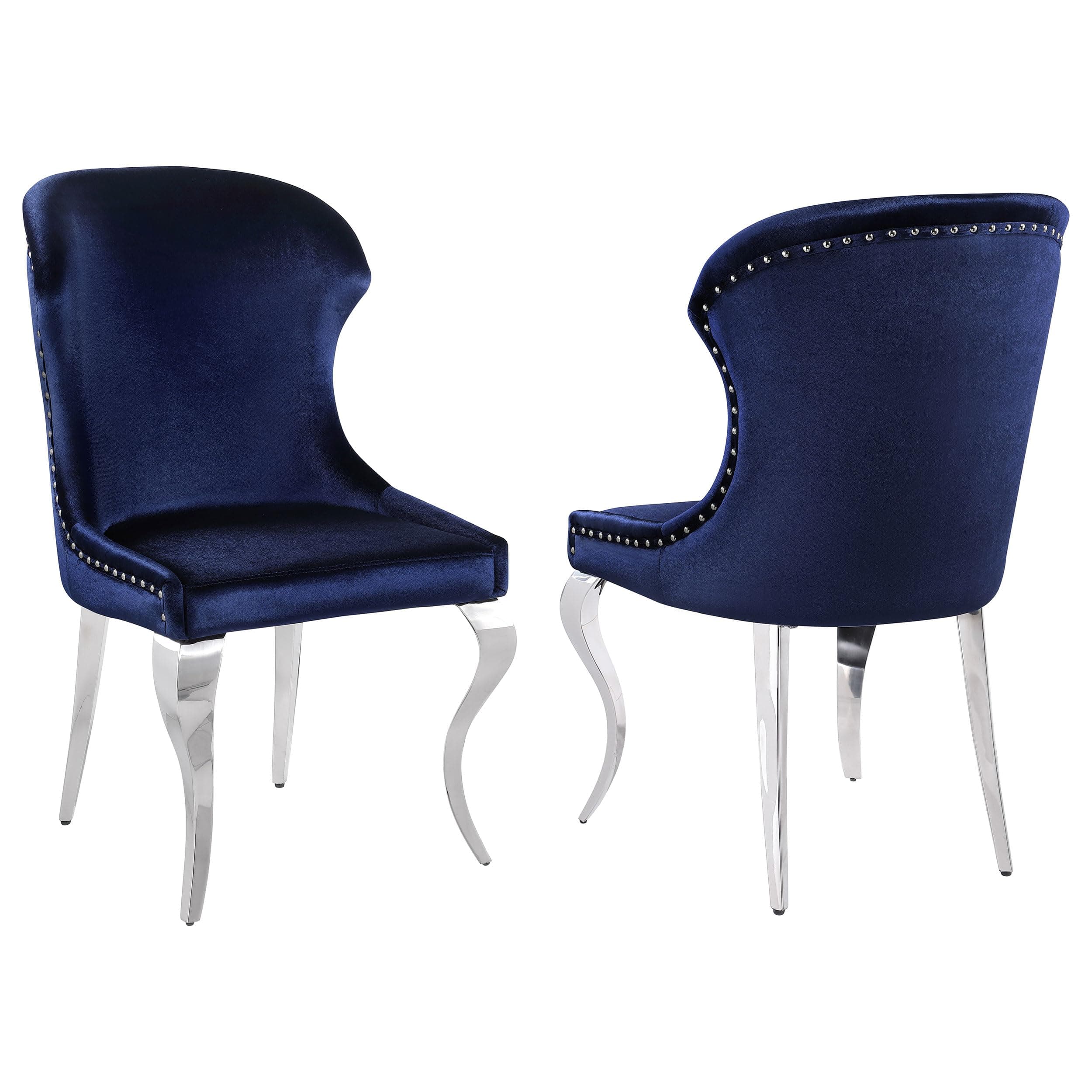 Coaster Home Furnishings Cheyanne Chrome and Ink Blue Upholstered Wingback with Nailhead Trim Side Chair (Set of 2)