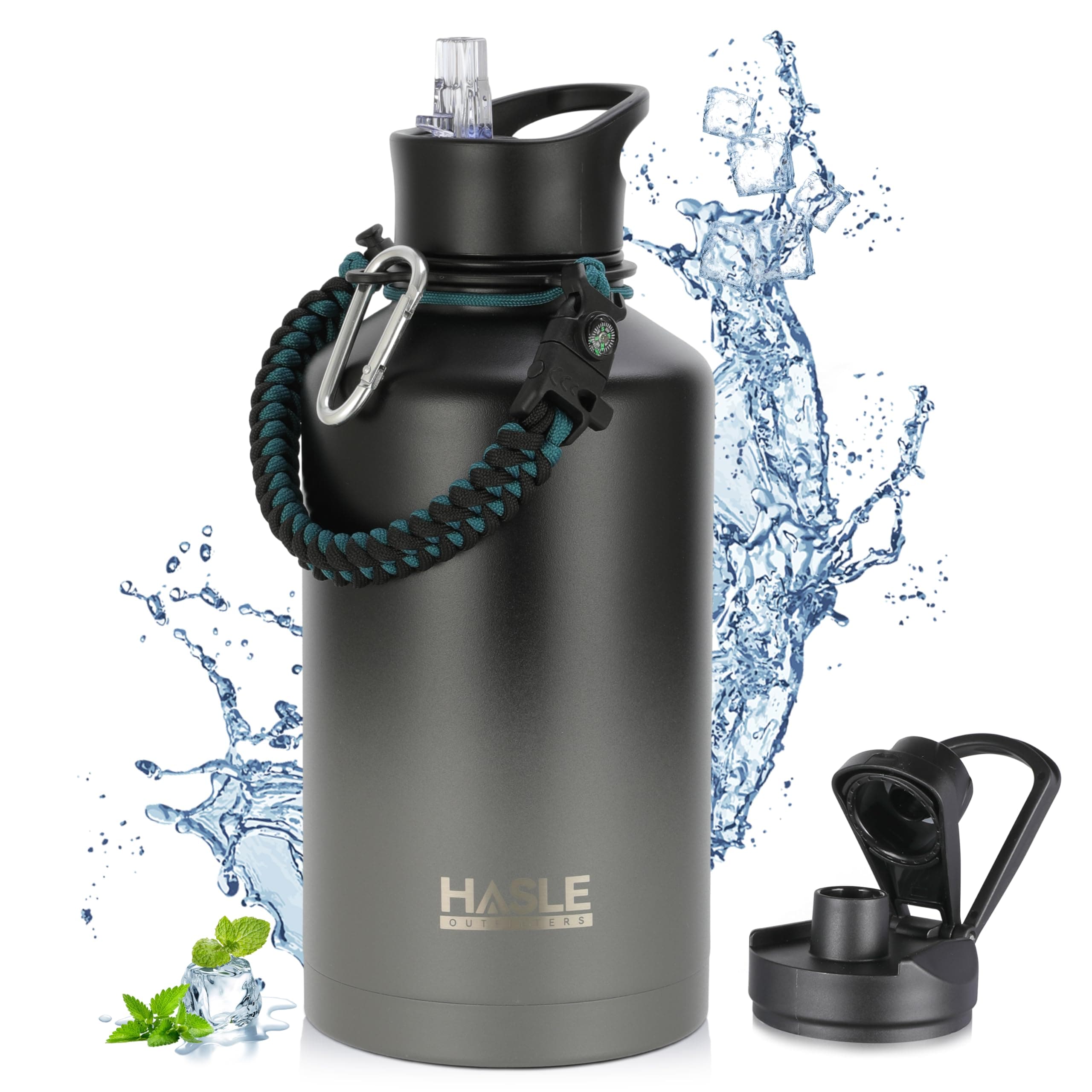 HASLE OUTFITTERS Half Gallon Insulated Water Bottles 64 oz, Stainless Steel Metal Water Jug with 2 Lids Keep Cold 48h/Hot 24h, Leak Proof & BPA-Free Water Flask Jug(Black Gray Gradient,1)