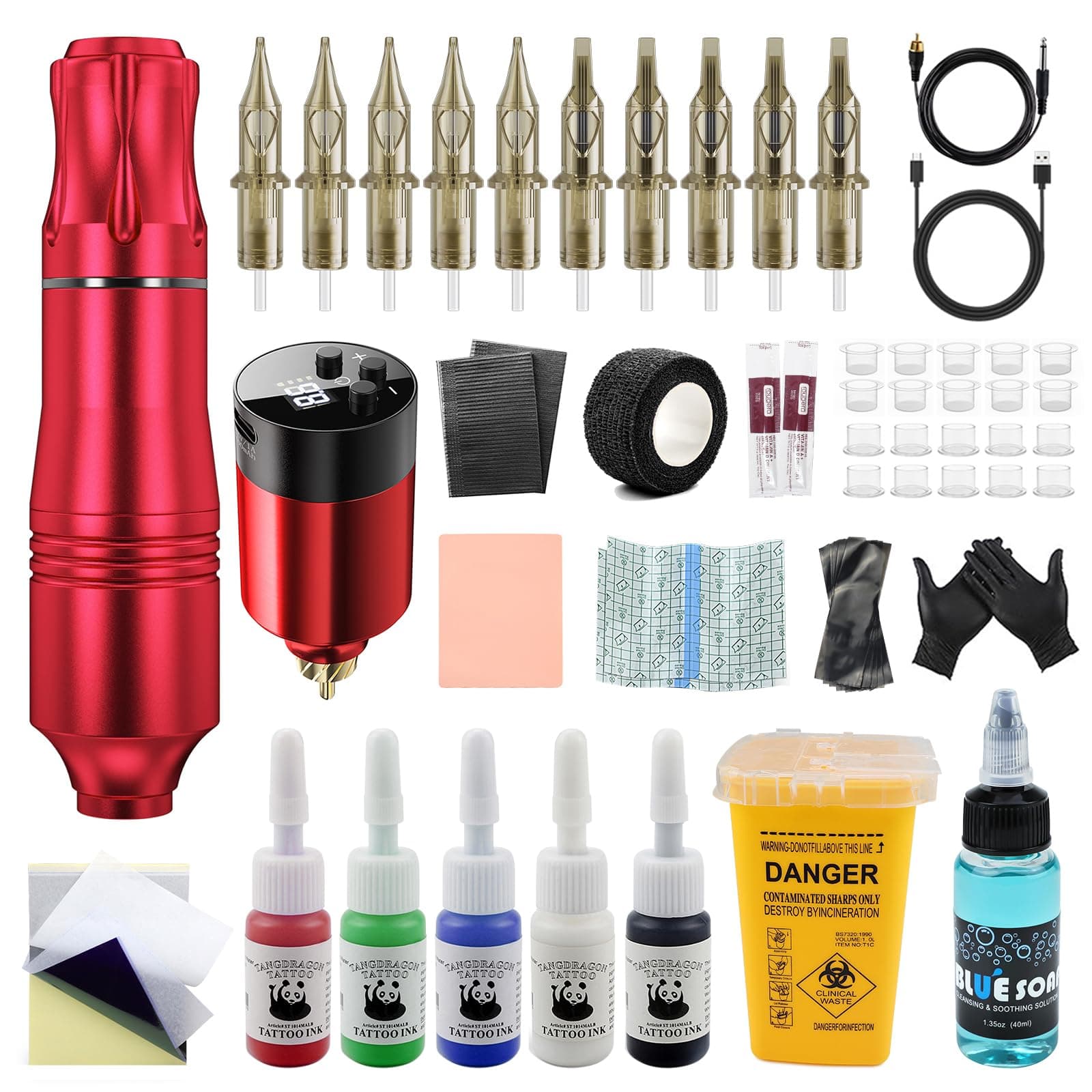 Kulwoyi Wireless Tattoo Kit for Beginners - Rotary Tattoo Pen Machine with 1500mAh Battery (4-6H Use), 10 Cartridge Needles, Needle Disposal Container & Complete Pre/Post Care Supplies (Red)