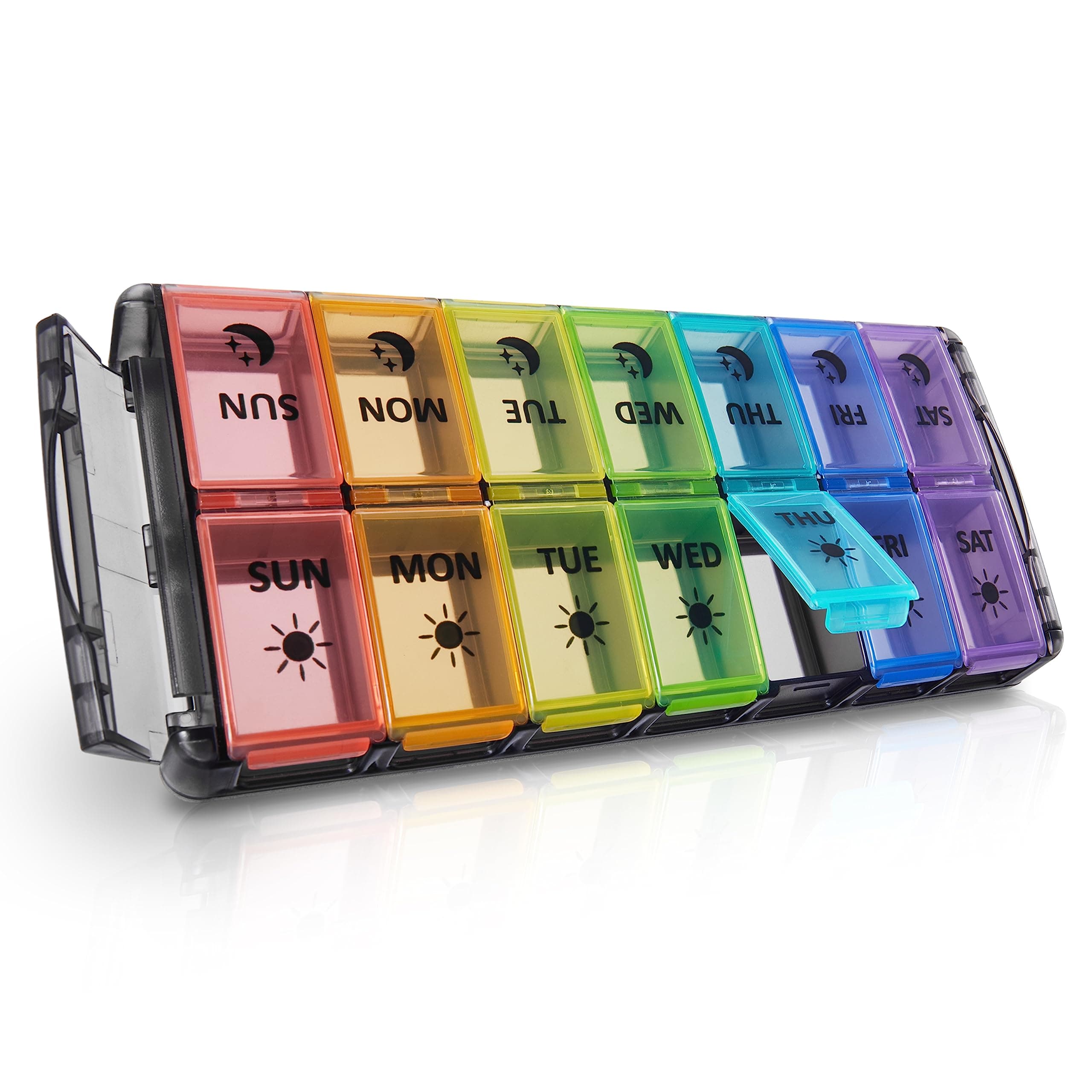 Fullicon Quick Fill, Large Pill Organizer 2 Times a Day, Black Rainbow