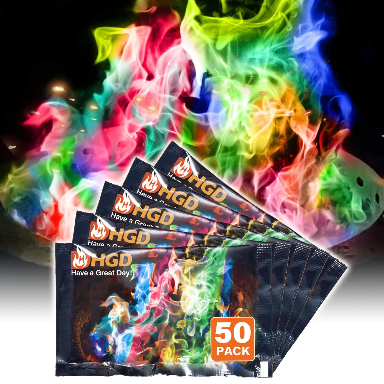 HGD Fire Color Changing Packets (50 Pack) for Fire Pit, Indoor/Outdoor Fireplace, Campfires, Bonfires - Mystical Rainbow Magic Flames, Camping Accessories for Family Entertainment