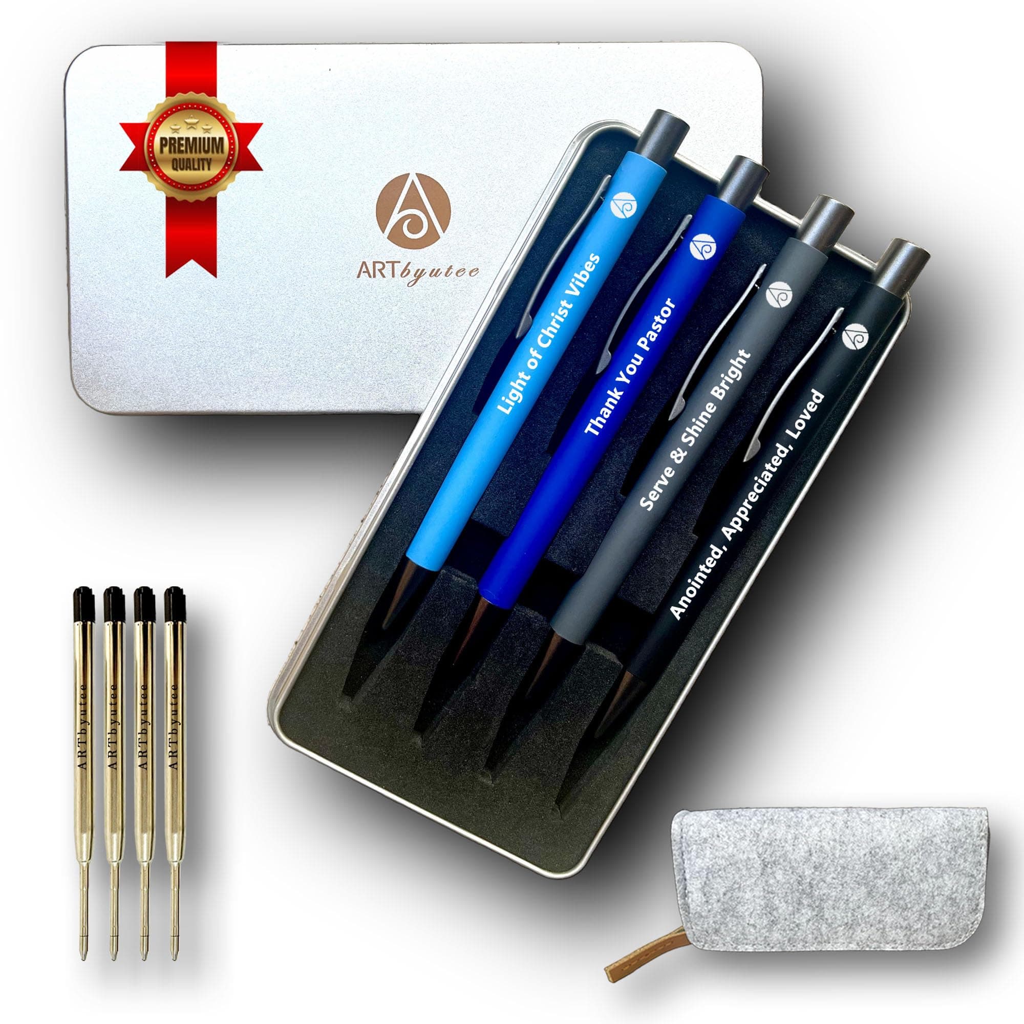 ARTbyutee Pastor Appreciation Gifts Aluminum Alloy Ballpoint Pen with Stainless Steel Refill, Scripture Quote, Elegant Gift Box & Reusable Felt Pen Pouch, Perfect Clergy Appreciation Present