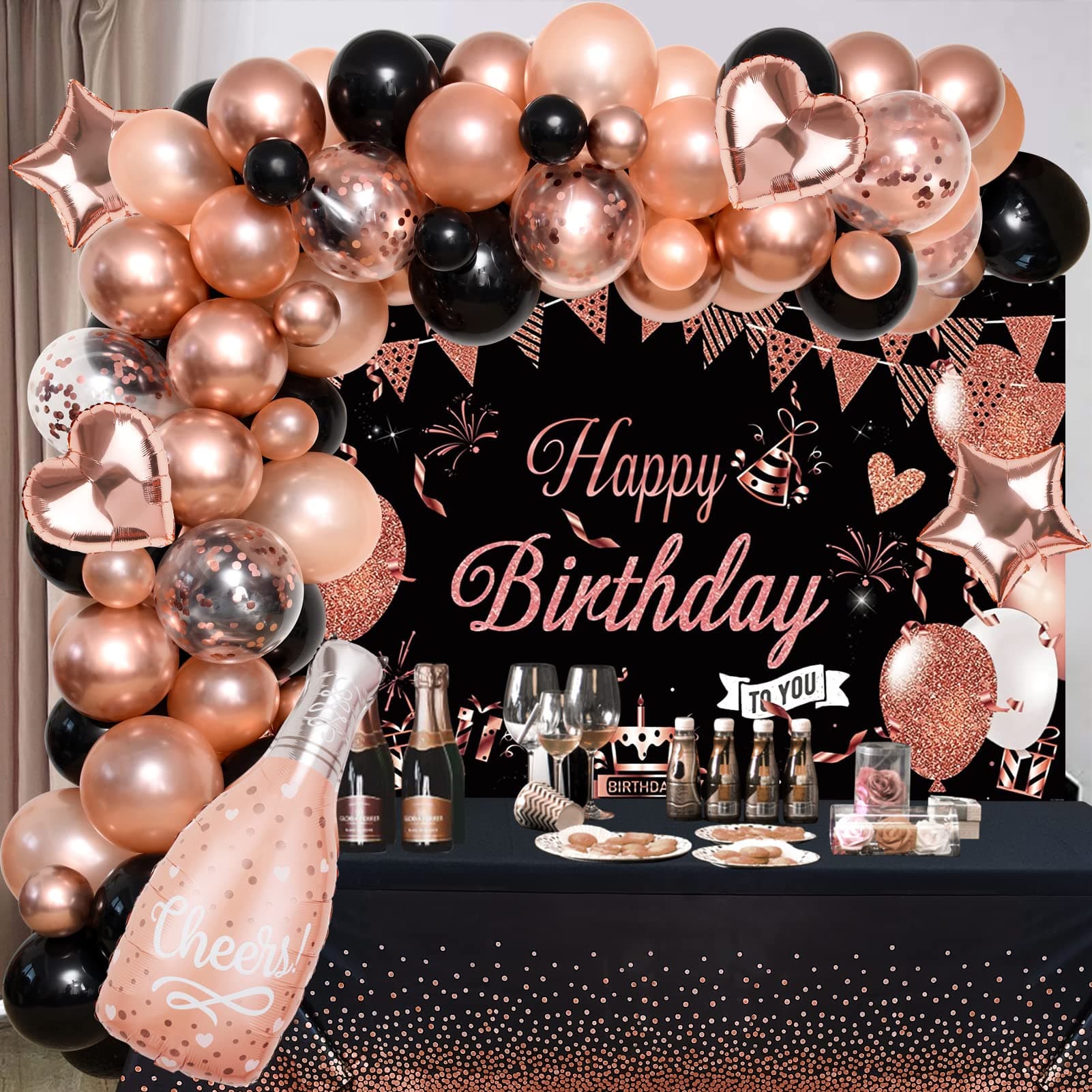 Winrayk Rose Gold and Black Birthday Decorations for Women Teen Girls, Rose Gold Black Balloons Garland Arch Kit & Backdrop Tablecloth Champagne Star Heart Foil Balloon, Rose Gold Birthday Party Decor