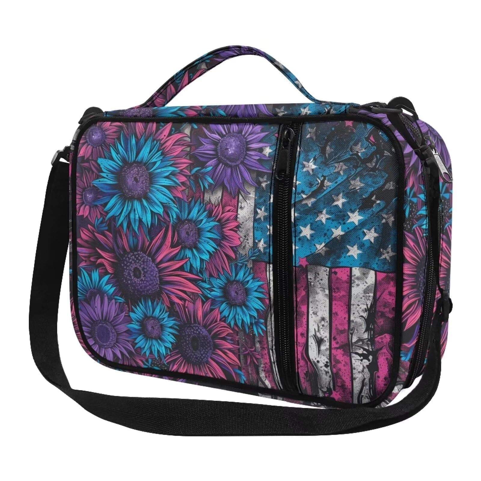 Salabomia American Flag Large Bible Covers for Women with Shoulder Strap, Multi-Functional Sunflower Bible Case with Pen Storage, Lightweight Bible Bags and Totes for Women with Pocket