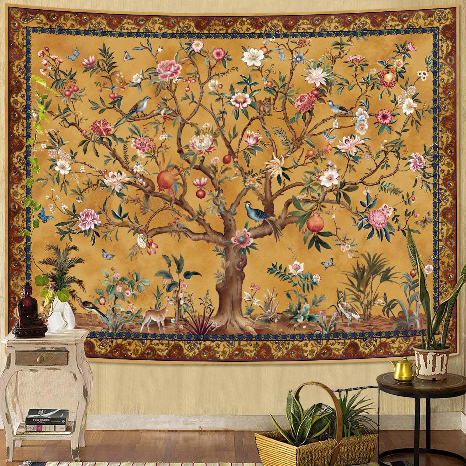Faxdong Boho Tree of LIfe Tapestry, Vintage Flower Leaves Birds Plant Animal Pattern Tapestries, Retro Indian Bohemian Aesthetic Wall Hanging Orange Yellow 36×48 inch