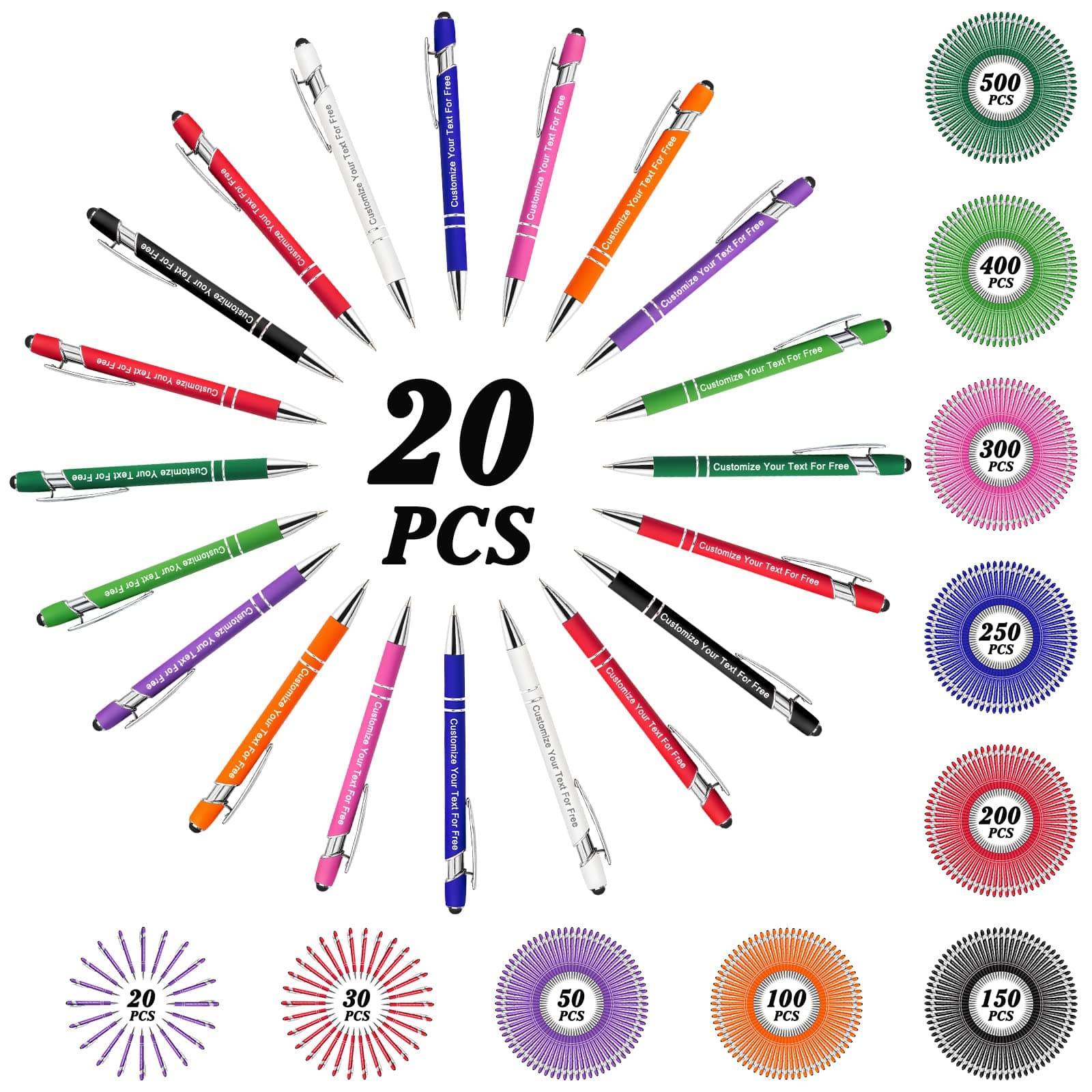 Max 500 Pcs Personalized Pens Bulk, Custom Pens with Free Engraving, Customized Stylus Tip Ballpoint Pen with Your Name Massage Text for School Office Business Graduation Anniversaries-20 Packs