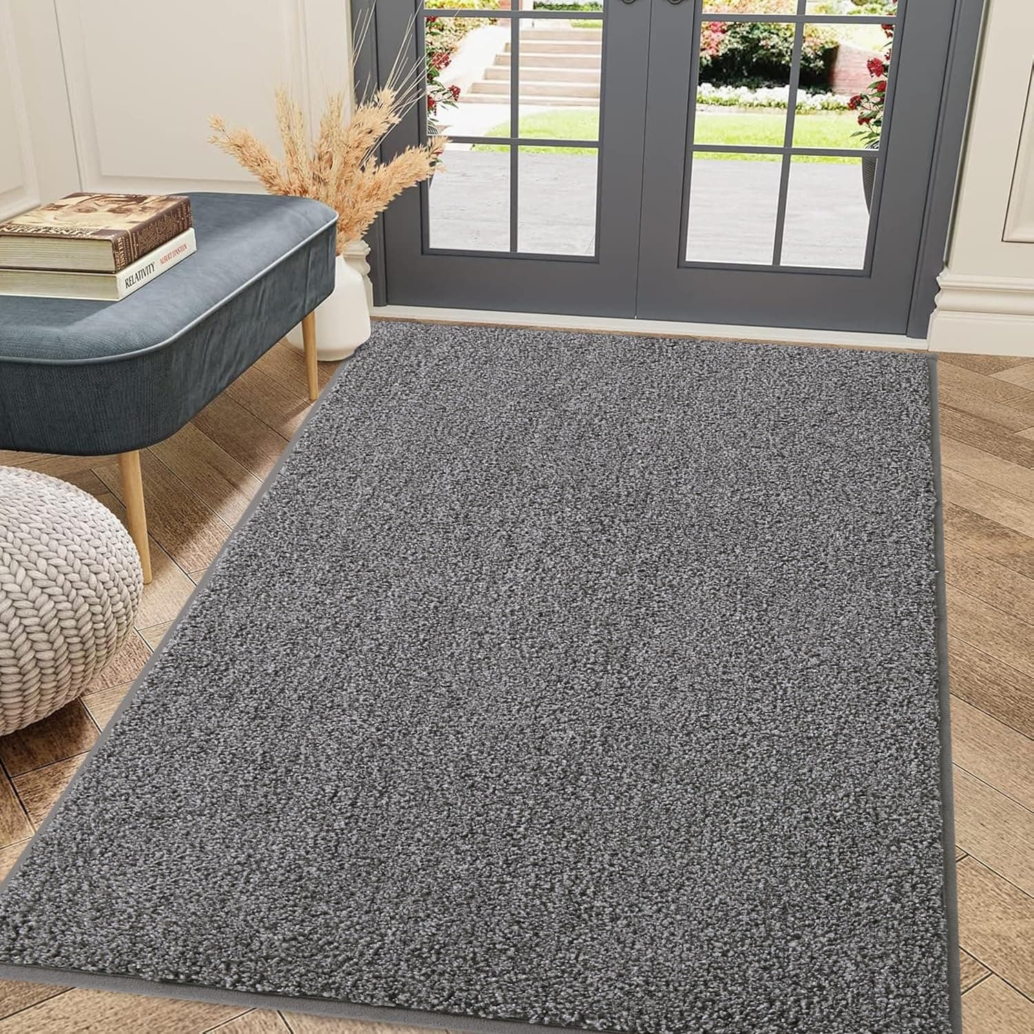 Kitinjoy Indoor Door Mat 47"x71", Dirt Resistant and Absorbent Non-Slip Rubber Backing Front Door Mat,Washable Low-Profile Doormat Entrance Mat for Entryway, Grey