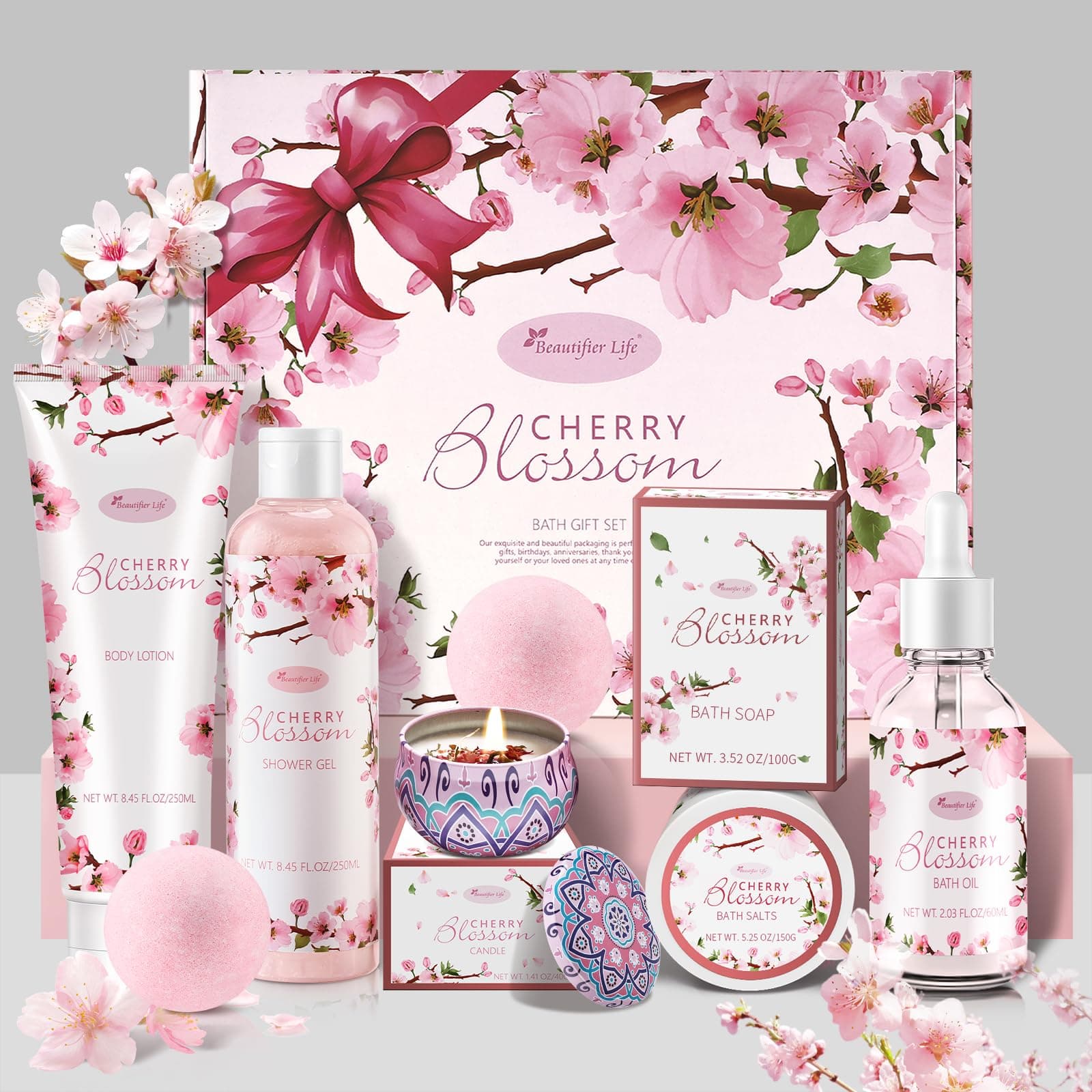 Bath and Body Gift Set for Women & Girls - Japanese Cherry Blossom 7-Piece Luxurious Home Spa Gift Set with Shower Gel, Body Lotion, Bath Oil, Bath Salts, Soap, Bath Bombs, and Candle