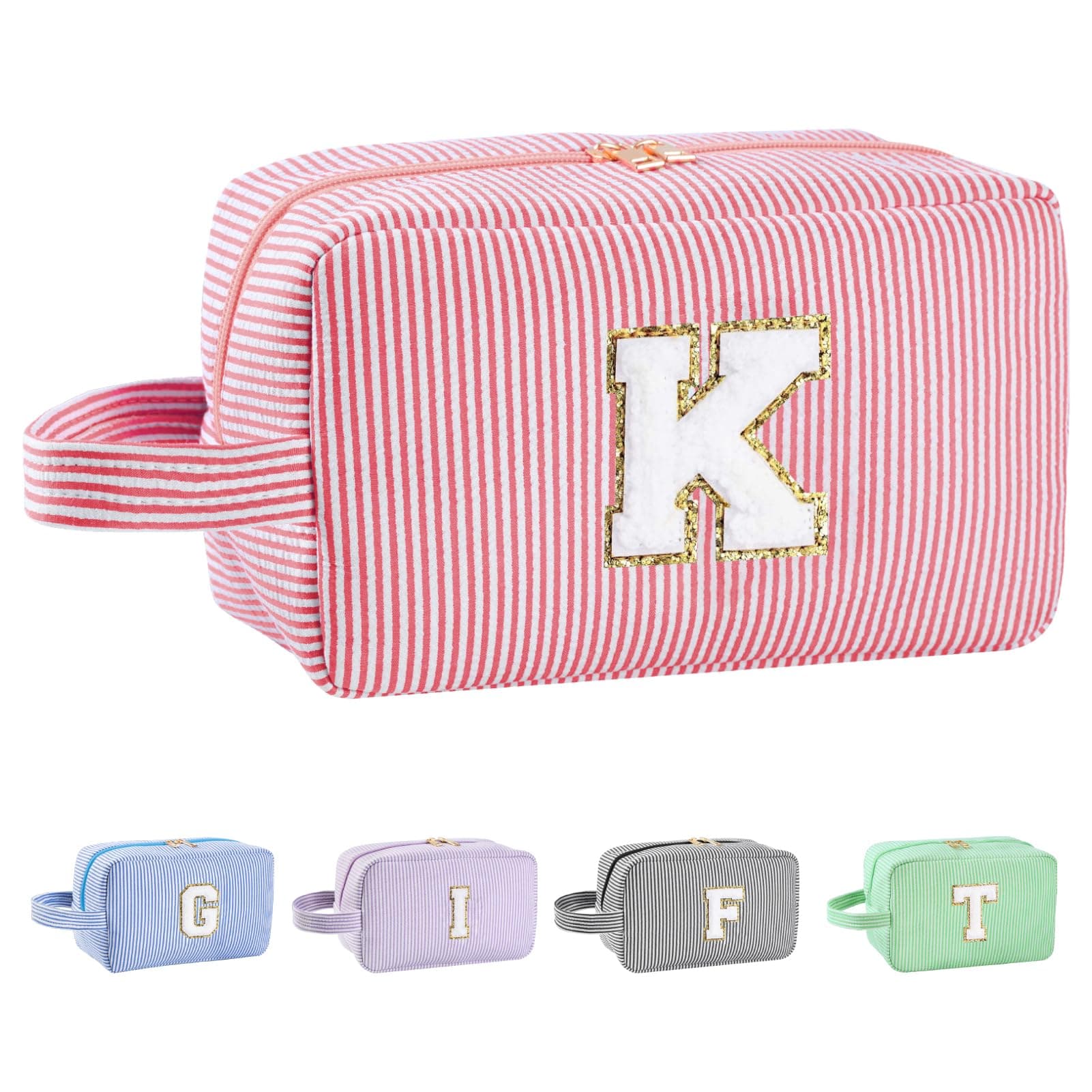 Huifen Personalized Initial Makeup Bag A-Z, Travel Toiletry Bag Preppy Make Up Bag Cosmetic Pouch Makeup Organizer for Women Birthday Christmas Gifts for Teen Girls Trendy Stuff (Pink, K)