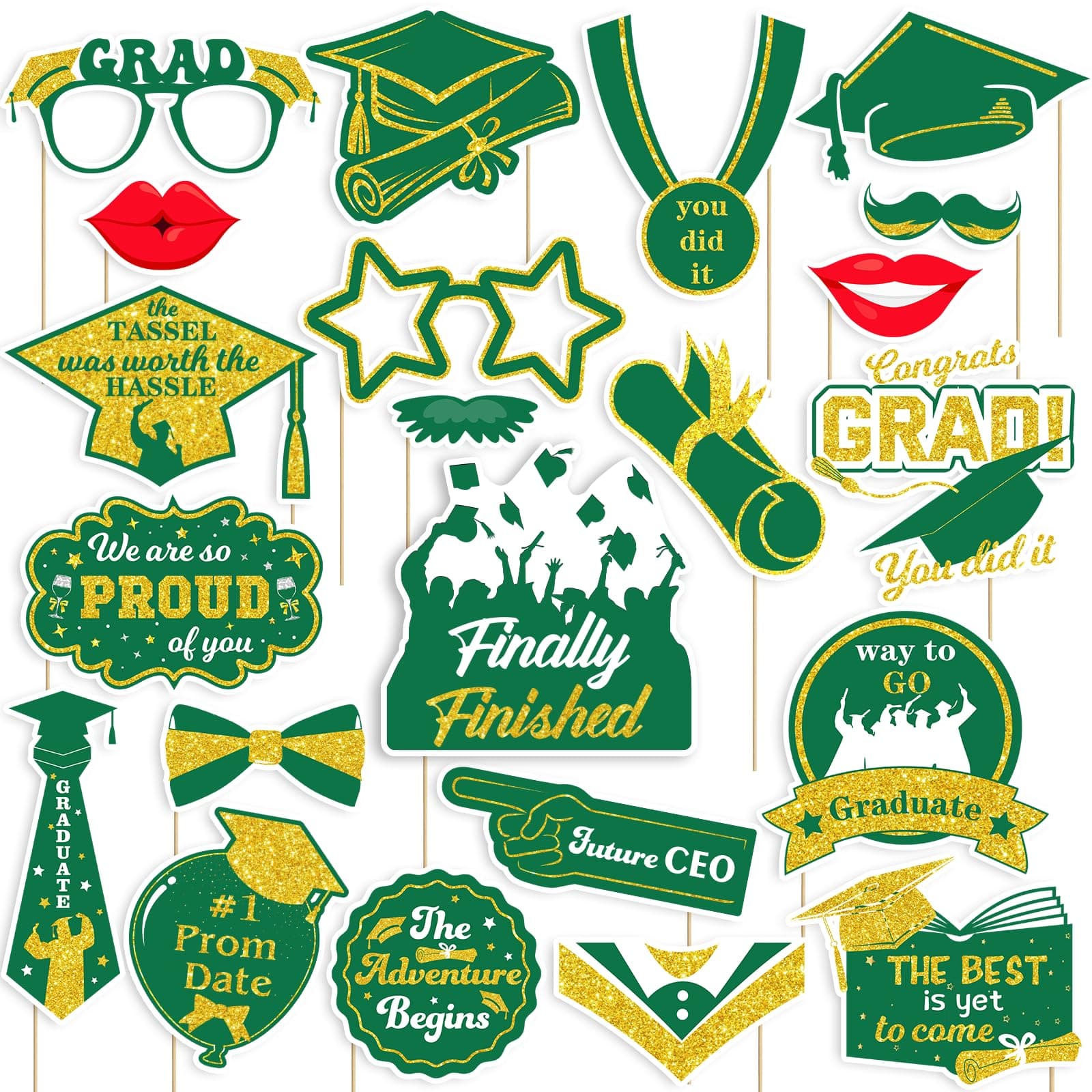 2025 Graduation Photo Booth Props, Green Gold Graduation Photo Booth Props, Funny Graduation Party Selfie Props, Photo Booth Props for High School and College Graduation