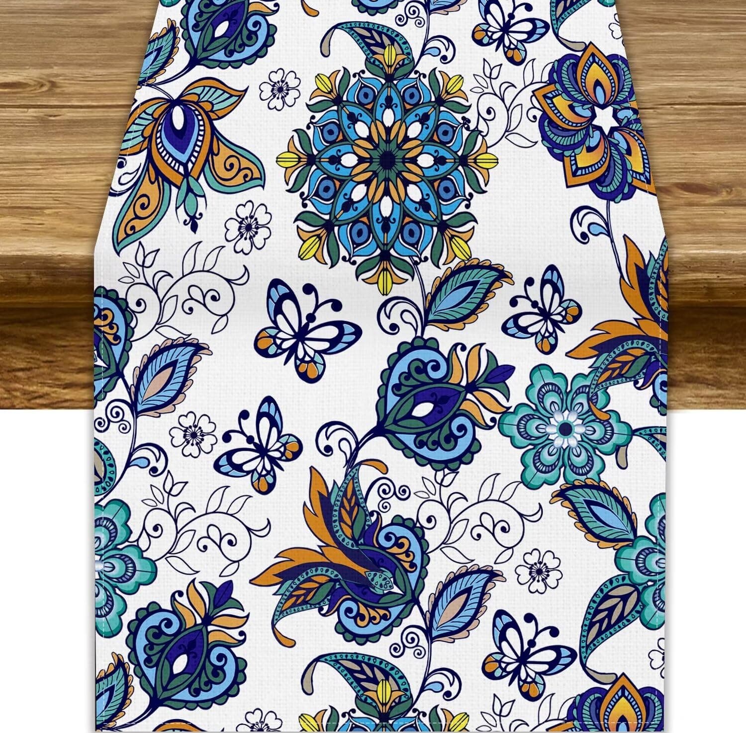 Oriental Paisley Table Runner, Luxury Vintage Blue Teal Floral Butterflies Print Table Runner for Home Dining Kitchen Coffee Table Party Decor, 13x36inch