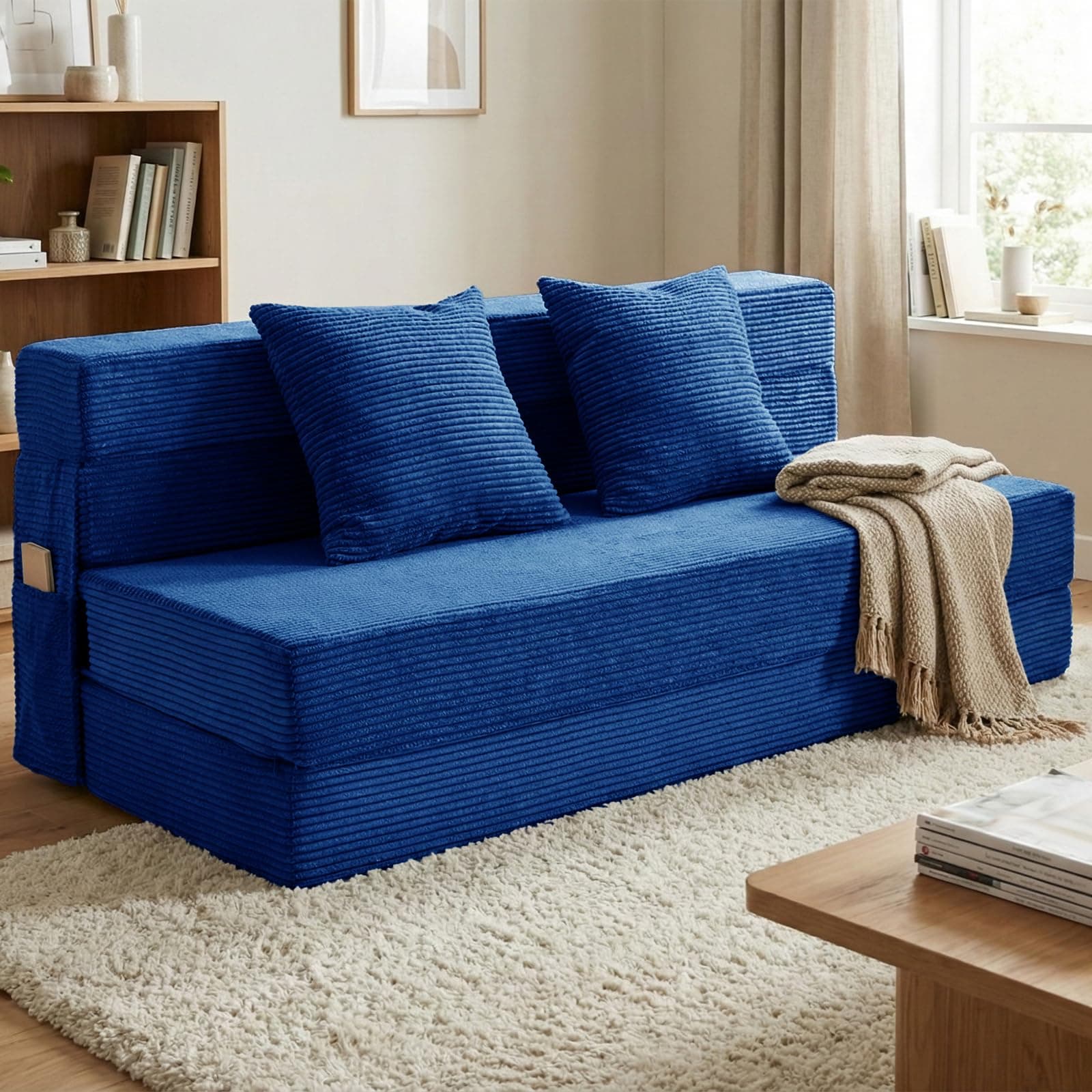 JKMAX Folding Sofa Bed Queen Size - 4-in-1 Convertible Armchair with Two Pillows - High Density Memory Foam Futon - Folding Bed for Living Room, Bedroom (Blue)