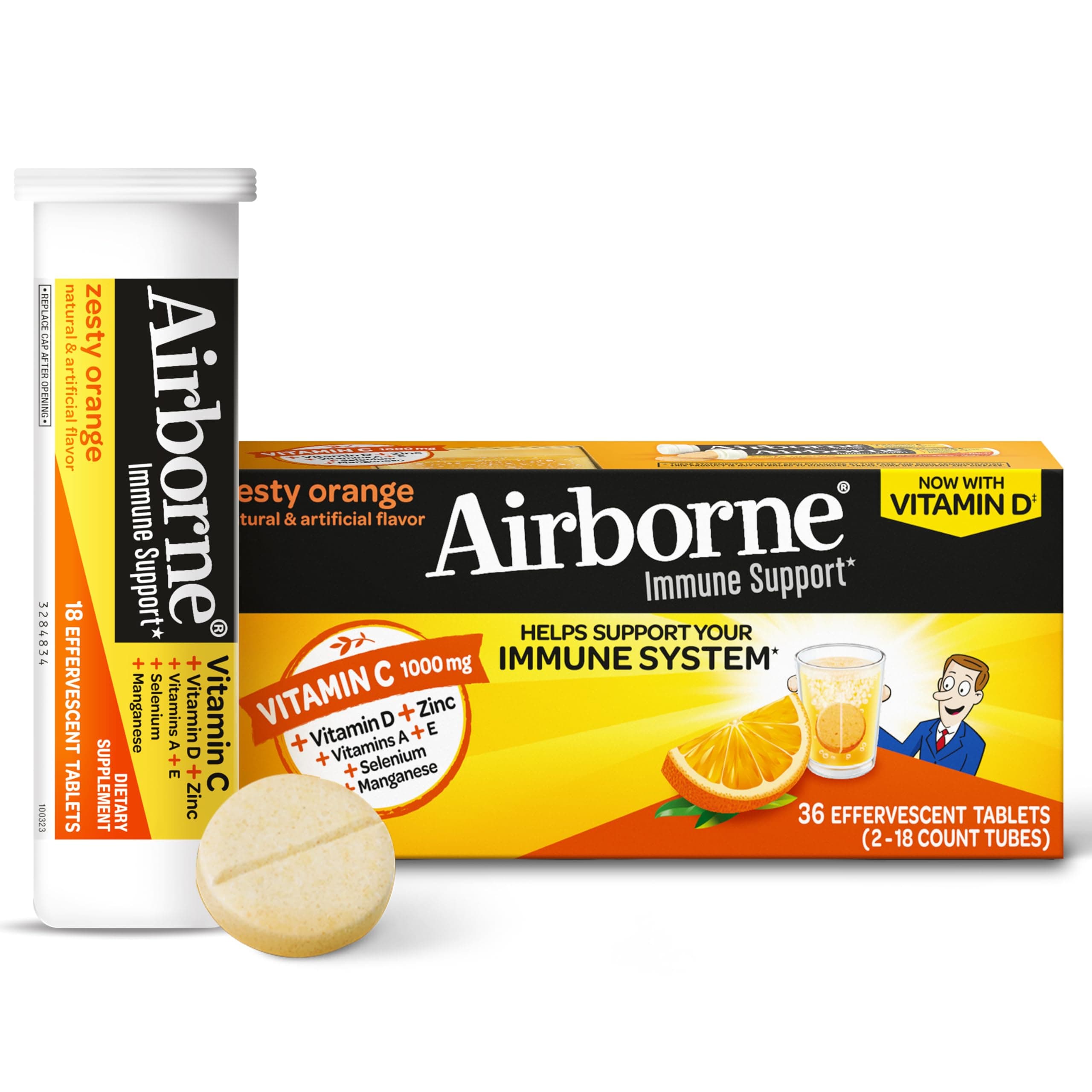 Vitamin C 1000mg (per serving) - Airborne Zesty Orange Effervescent Tablets (36 count in a box), Gluten-Free Immune Support Supplement With Vitamins A C E, ZINC, Selenium, Echinacea & Ginger