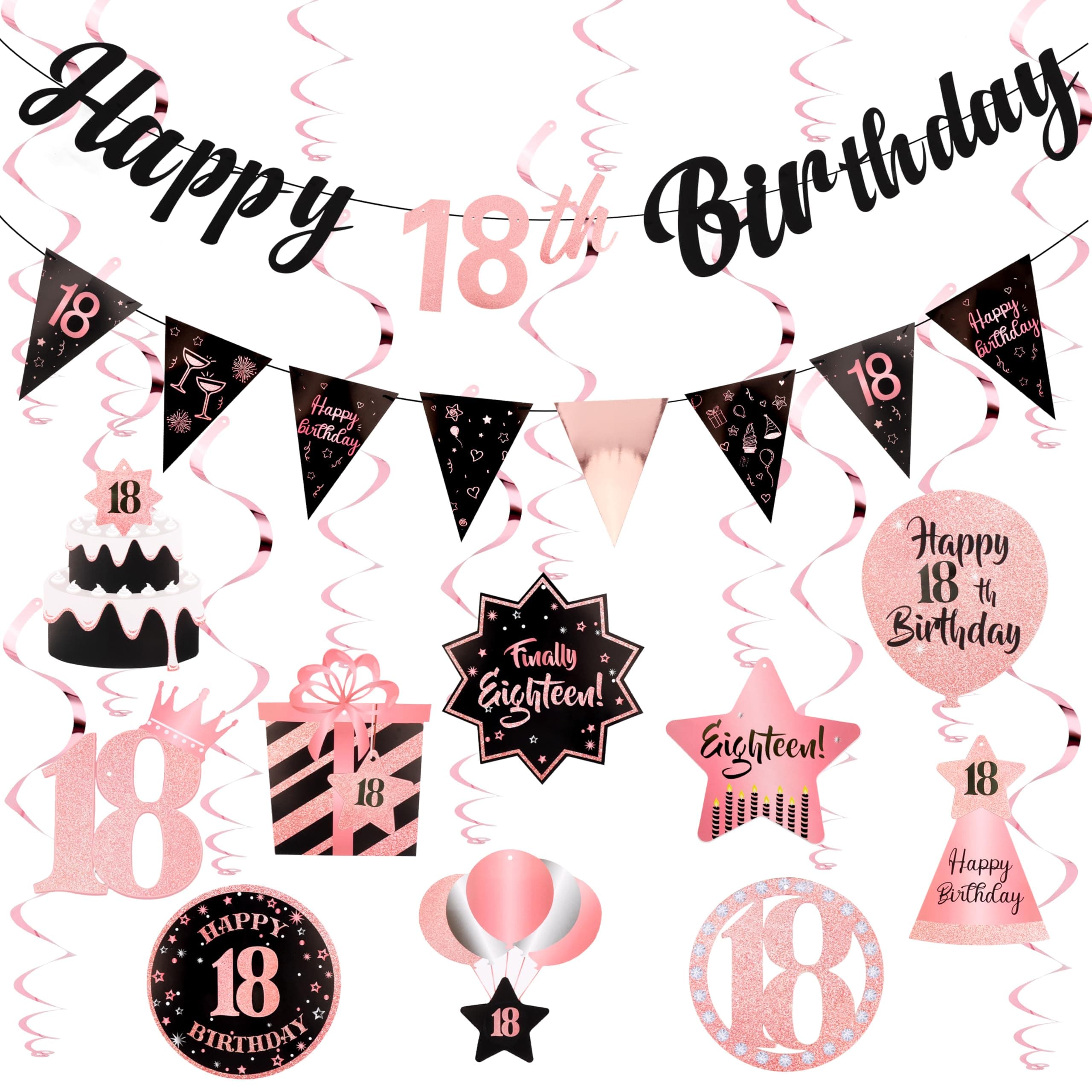 TIHEBAX Rose Gold 18th Birthday Decoration 2PCS Banner with 10 Hanging Swirls