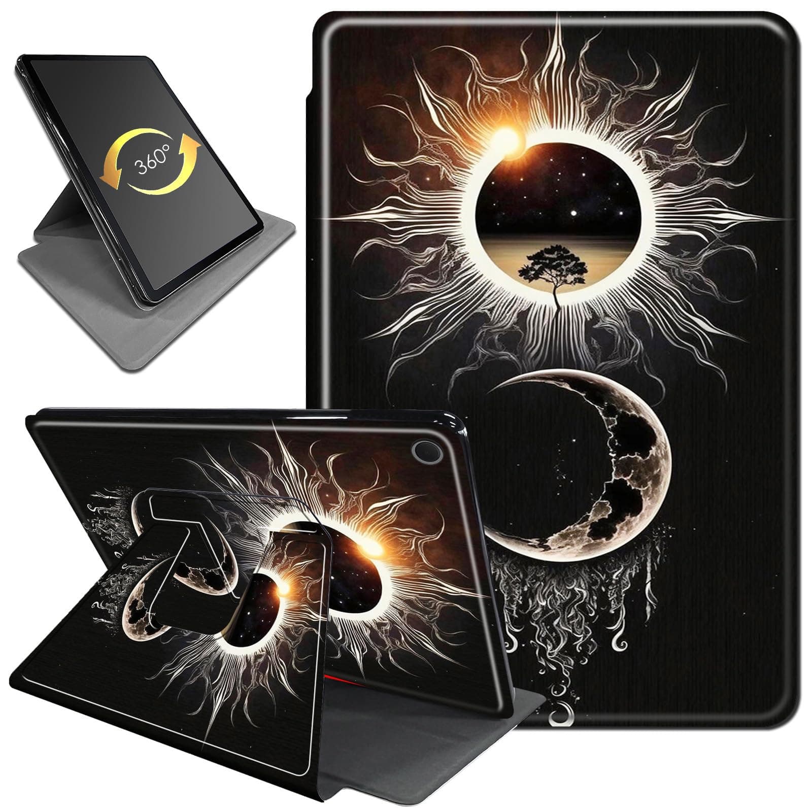 for iPad 10.2 Case (9th/8th/7th Gen, 2021/2020/2019), 360° Rotating Stand Folio Cover with Auto Wake/Sleep, Durable PU Leather Shockproof Protective Case for Women, Boys, Sun Moon Tree