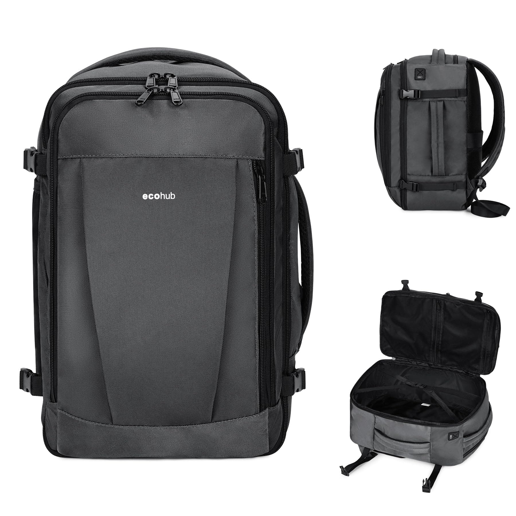 ECOHUB Carry on Backpack 30L, Travel Backpack, Weekender Bag for Men Women with 13 Pockets, 18'' Flight Approved Underseat Personal Item Travel Bag Airplane, Waterproof, USB Charging Port, Light Grey