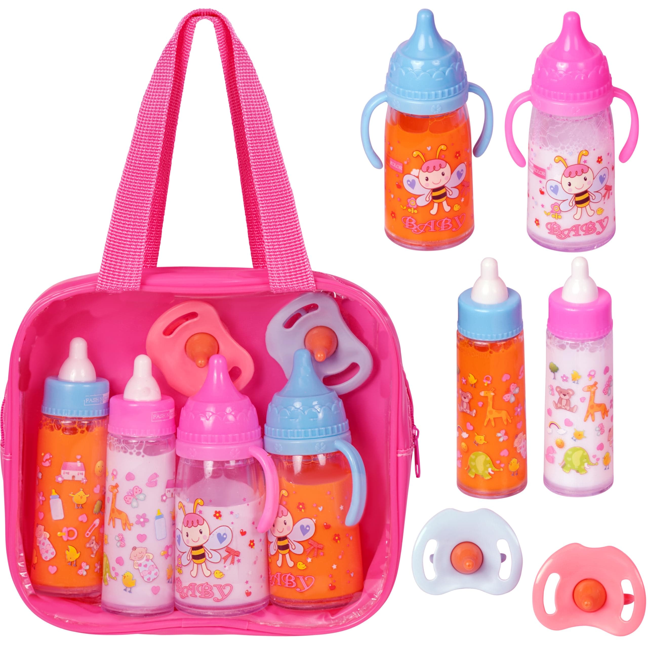 fash n kolor®, My Sweet Baby Disappearing Doll Feeding Set | Baby Care 6 Piece Doll Feeding Set for Toy Stroller | 2 Milk & Juic (Hot-Pink Bag)