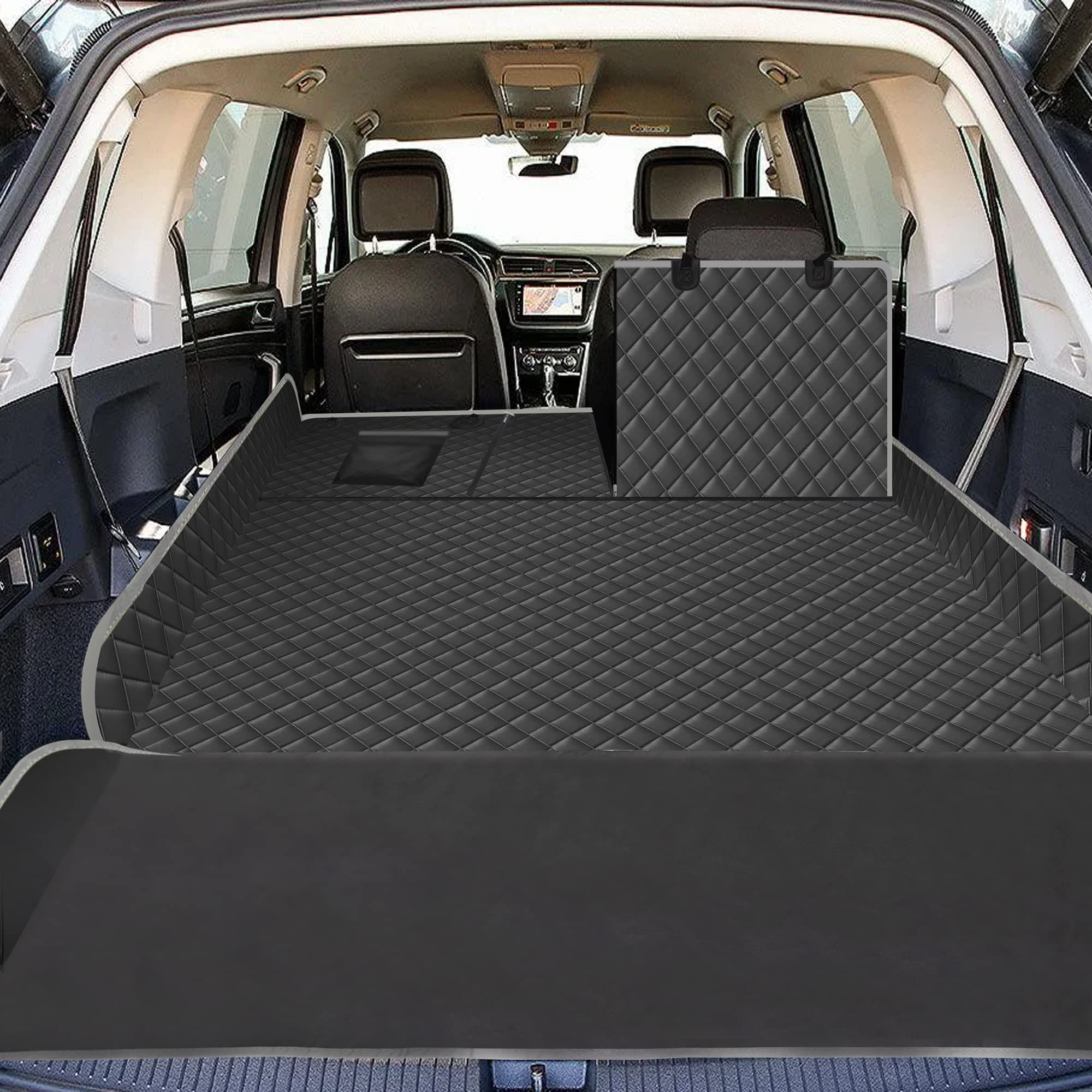 Happept Cargo Liner for Dogs Fold Down Seat, Heavy Duty Dog Mat for Car with Bumper Flap Protector, Dog Seat Cover for SUV Trunk for Sedans Vans, Universal Fit (Black+Gray)