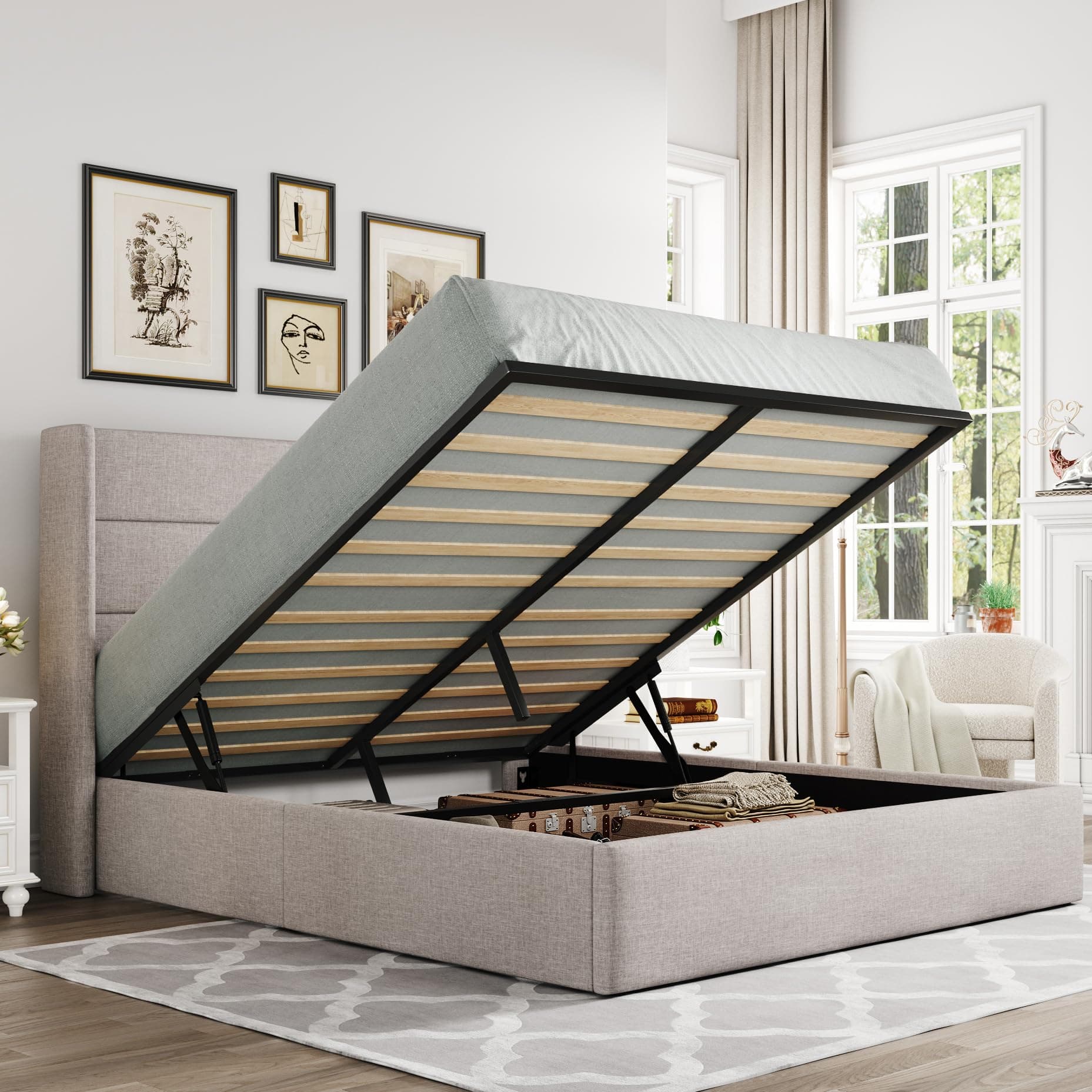 Allewie Queen Size Lift Up Hydraulic Storage Bed Frame Light Beige