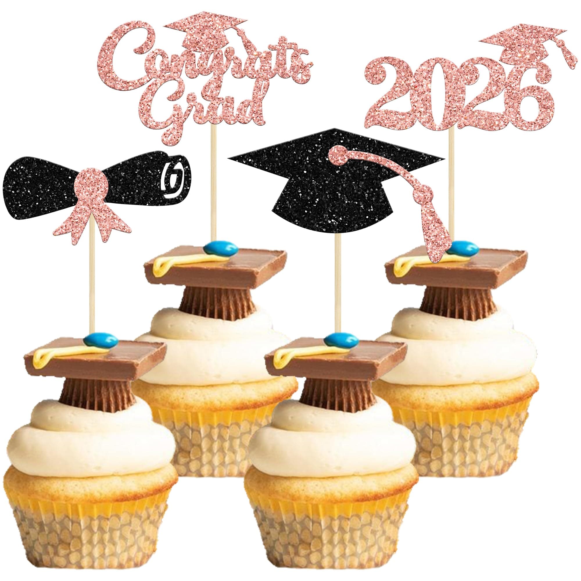 Gyufise 24pc Rose Gold Graduation Cupcake Toppers - 2025 Theme Party Decorations