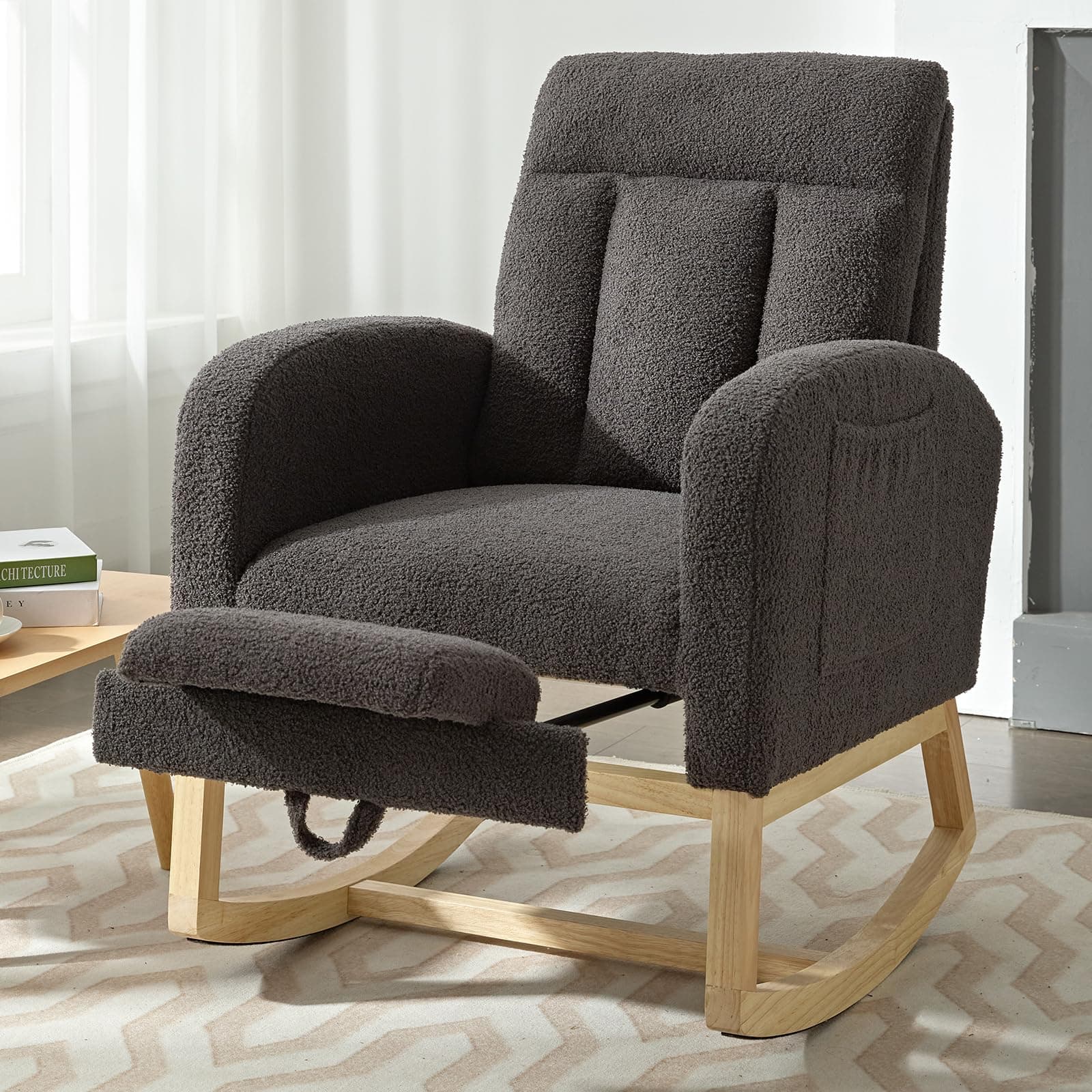NIOIIKIT Modern Nursery Rocking Chair, Teddy Upholstered Rocking Chair with Footrest, Comfortable Rocker Recliner with Side Pocket, Glider Rocker for Living Room, Bedroom, Nursing Room (Dark Grey)
