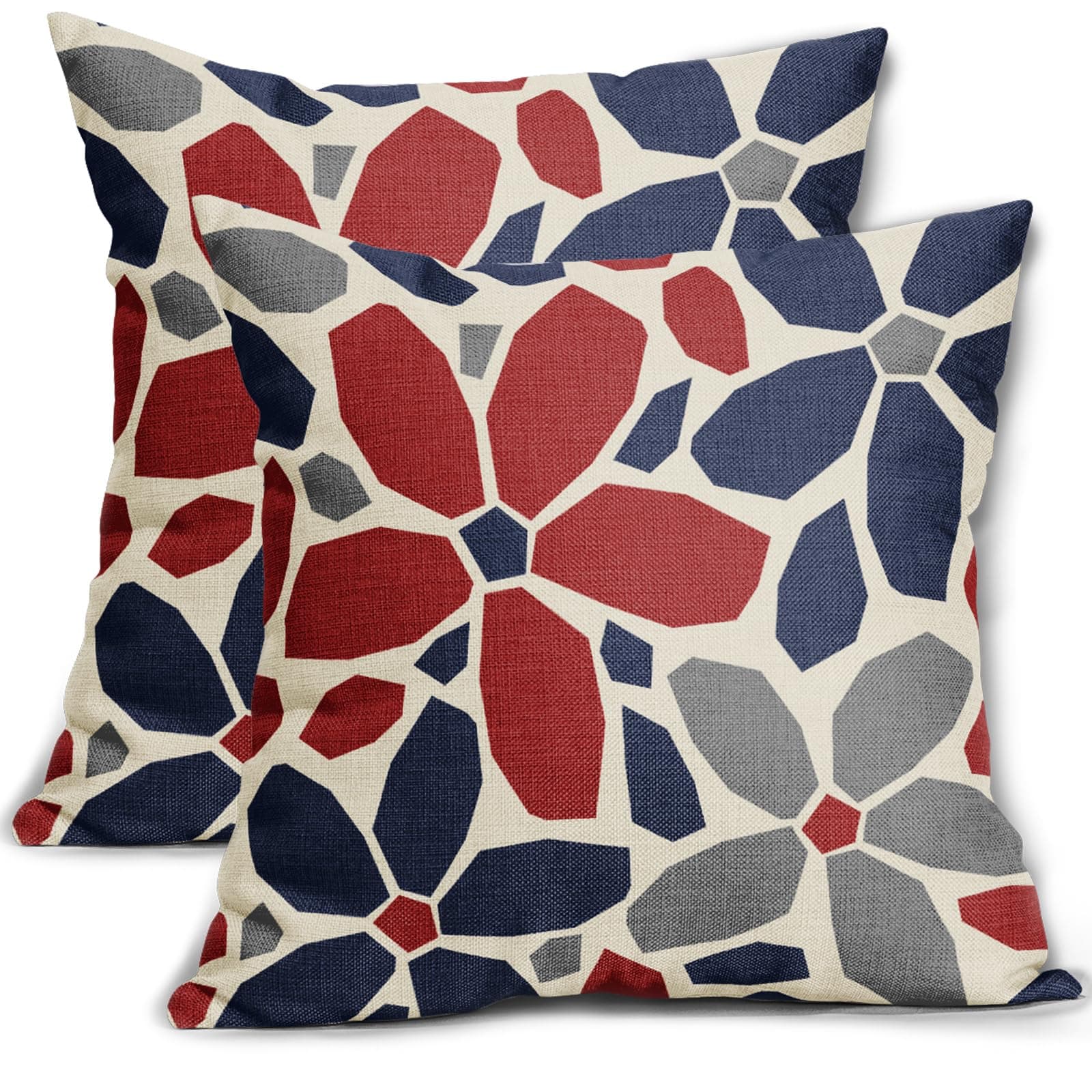 Navy Blue Red 4th of July Patriotic Floral Pillow Covers 18x18 Set of 2 Geometric Art Flower Print Decorative Outdoor Pillowcases Modern Abstract Farmhouse Throw Cushion Case Decor for Couch Sofa Bed