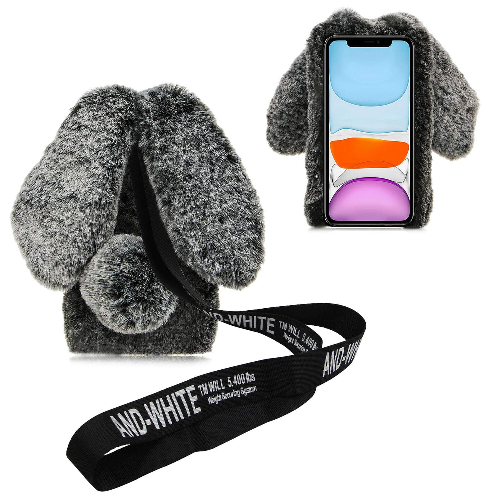 DasKAn 3D Bunny Ears Plush Case for Google Pixel 5 with Crossbody Strap, Winter Warm Handmade Bling Diamond Soft Rabbit Fluffy Furry Fur Shockproof Protective Phone Cover, Grey