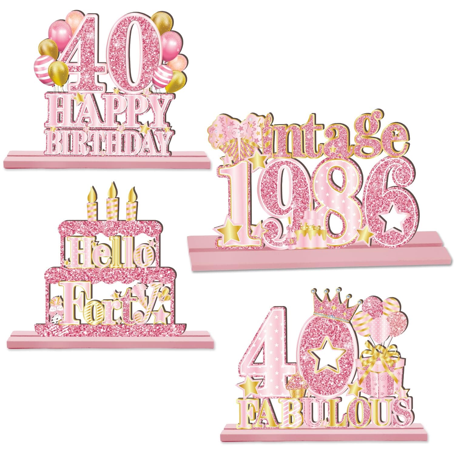 4Pcs Pink Rose Gold 40th Birthday Decorations Vintage 1986 Wooden Table Centerpieces for Women Hello Forty Table Sign Poster with Stand Cheers to 40 Years Bday Theme Party Table Decor Display Holder