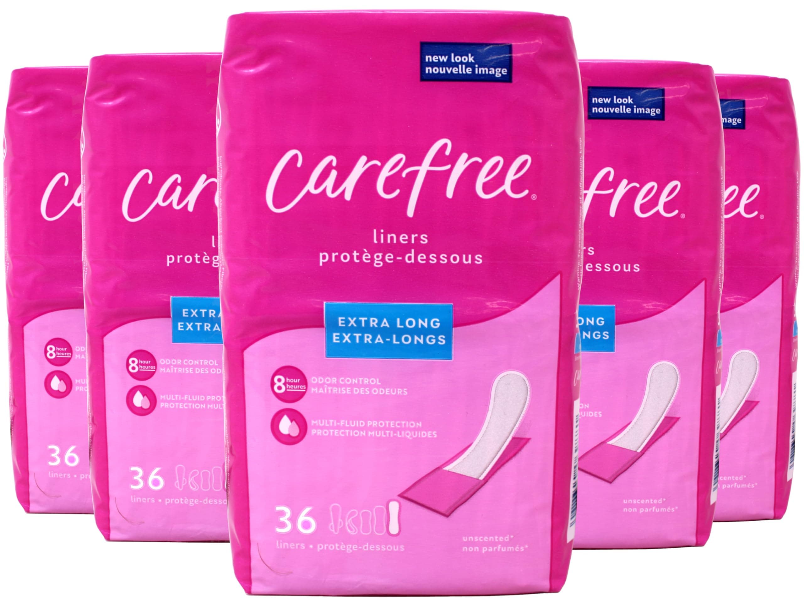 Carefree Extra Long Panty Liners, Unscented, Multi-Fluid Protection, 36 Count (Pack of 5)