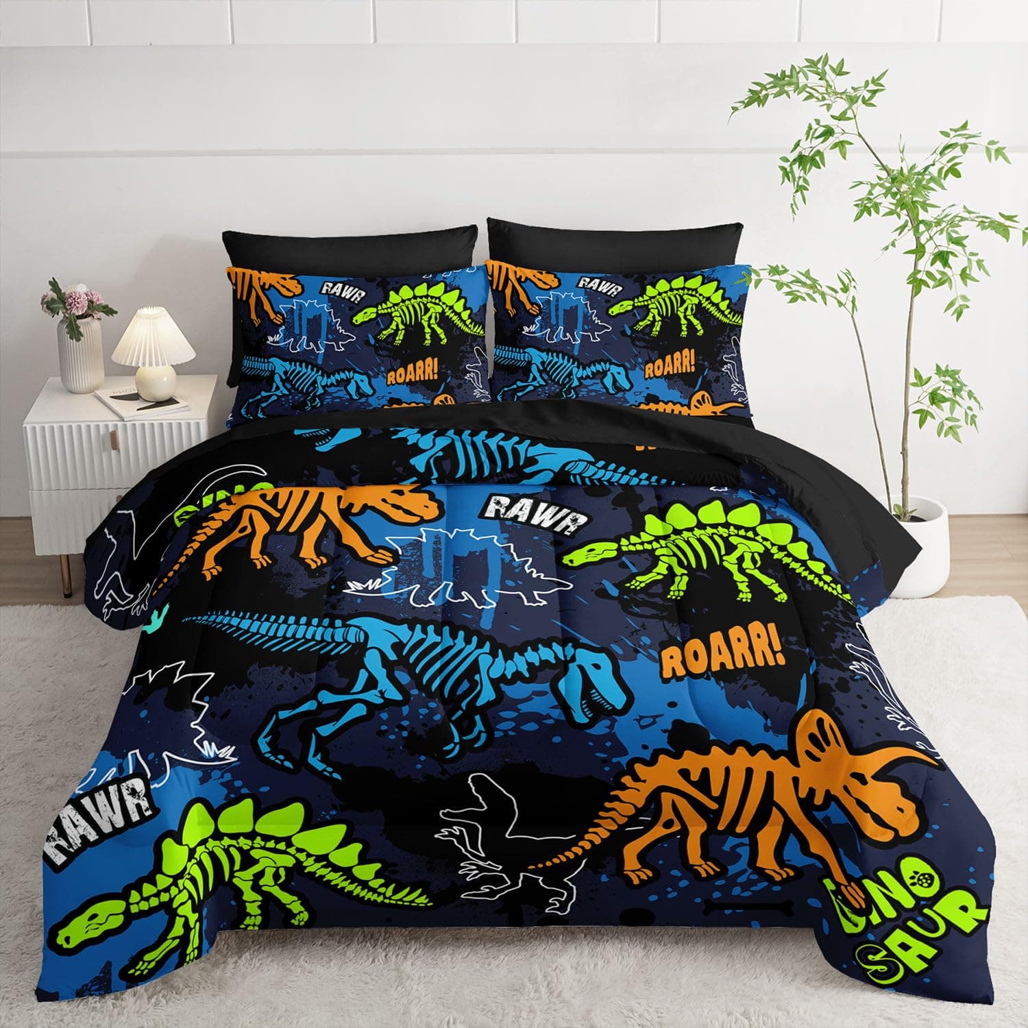 Smell Sunshine Comforter Set Dinosaur Theme Printed Bedding Set with 1 Comforter, 1 Flat Sheet, 1 Fitted Sheet and 4 Pillowcases for Boys and Girls Bedroom (Dinosaur Twin