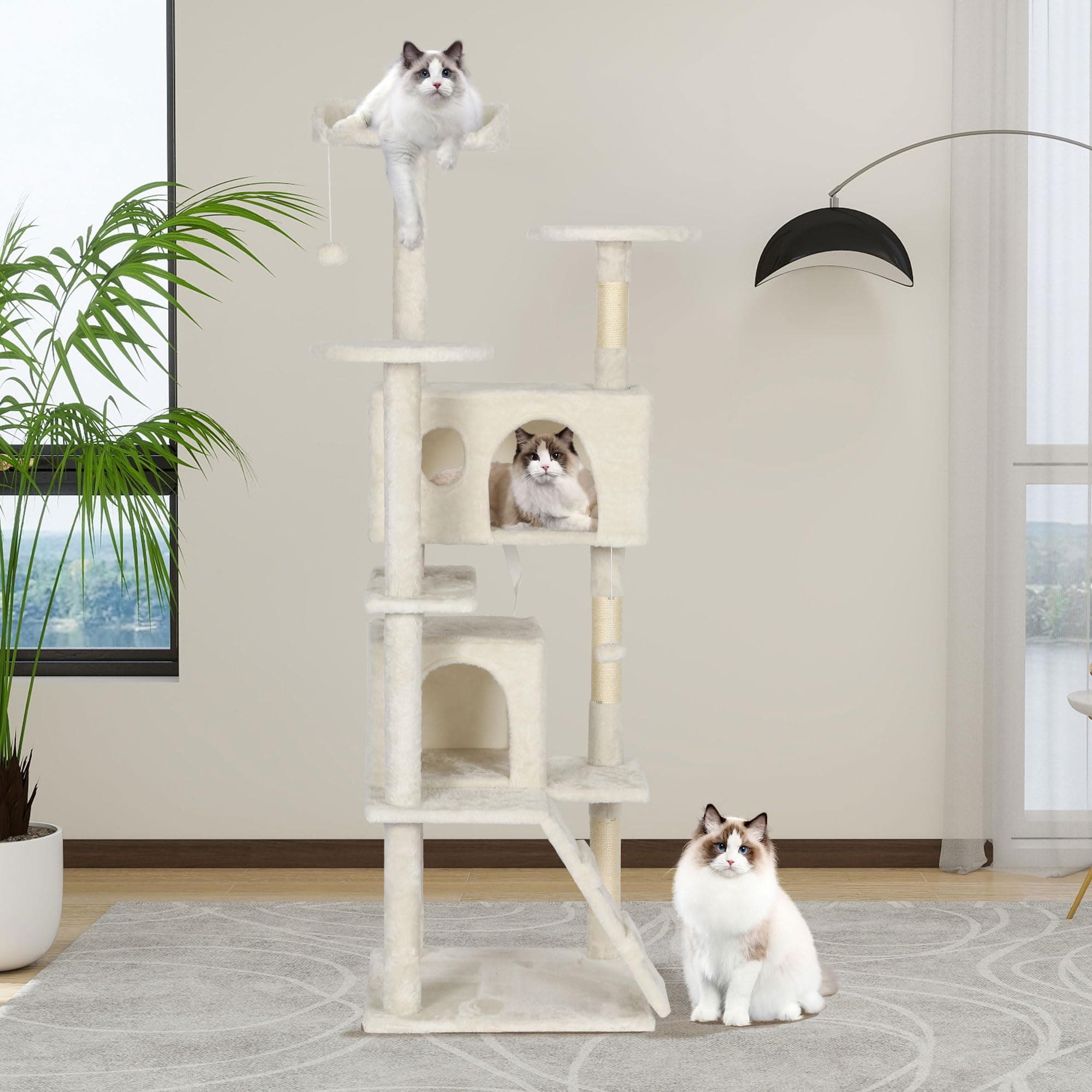 62-Inch Beige Cat Tree for Multiple Cats - 5-Tier Tower with Scratching Posts, Hanging Toys & Cozy Condo | Space-Efficient Vertical Design for Small Spaces & Active Kittens