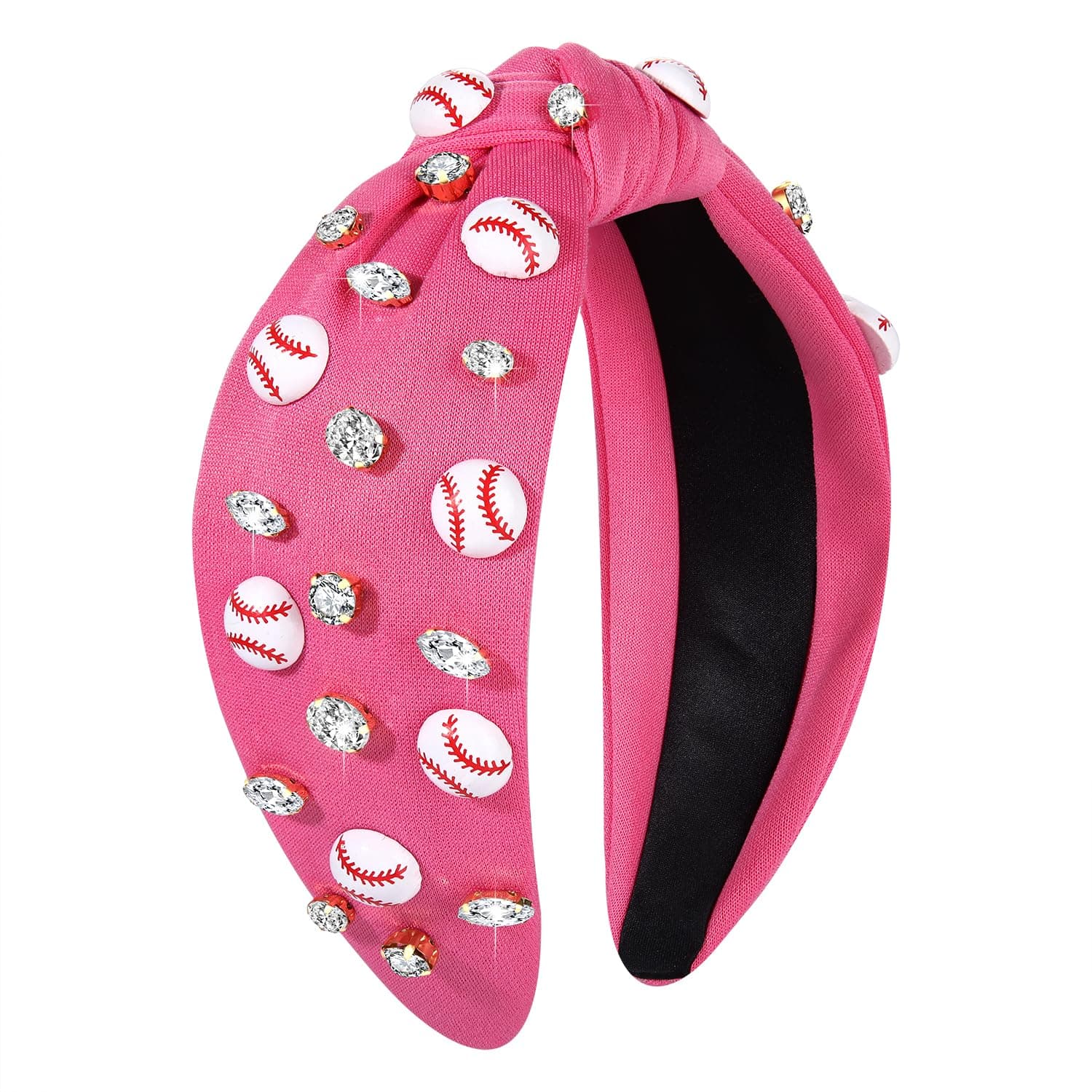 boderier Baseball Headband Hair Accessories Crystal Baseball Embellished Wide Knotted Headband for Women Game Day Accessories (Hot Pink)