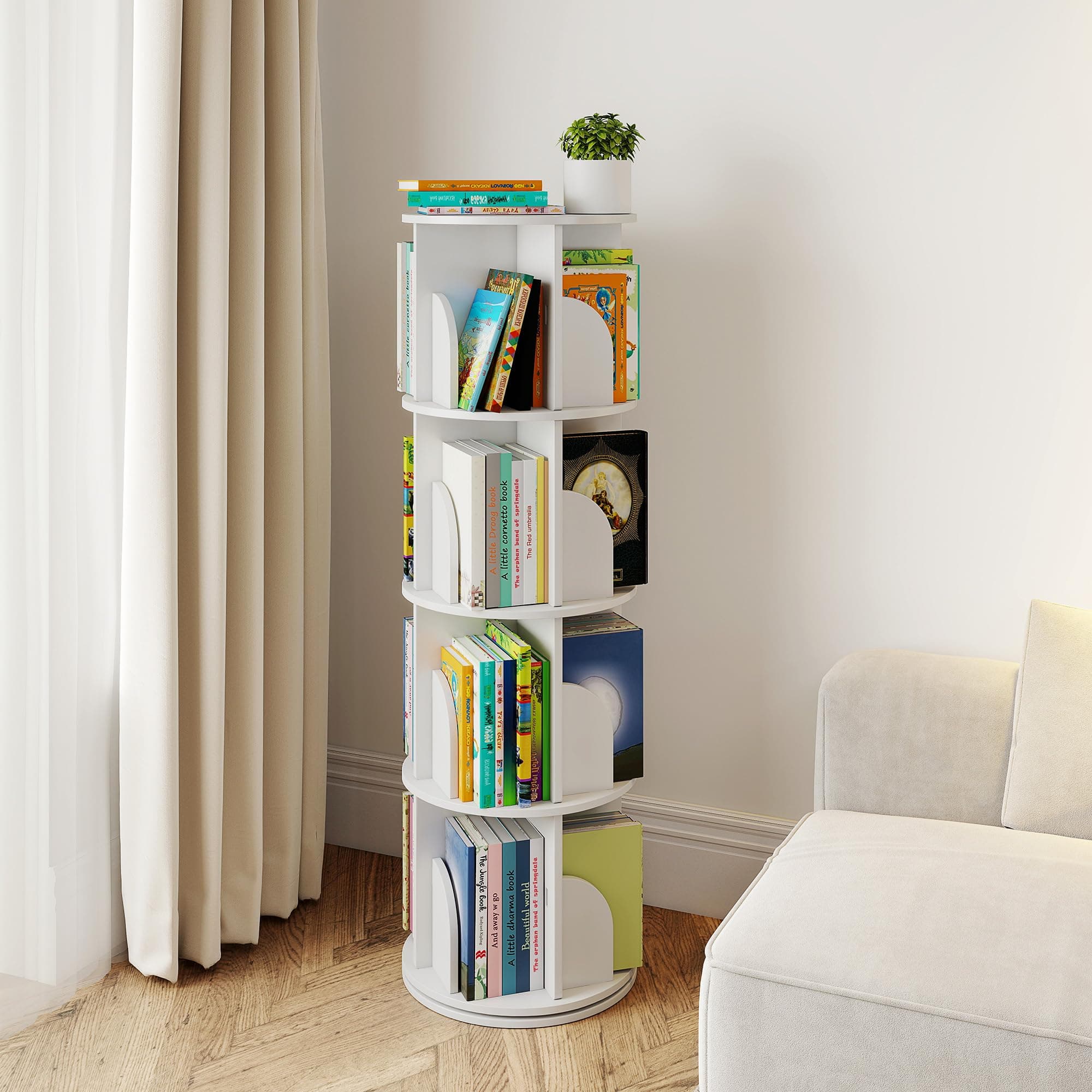 360° Rotating Wooden Bookshelf - Compact 4-Tier Corner Bookcase - Space-Saving Design for Small Spaces - Modern Organizer for Living Room & Bedroom - Solid Wood & Manga Storage (15.75", White)