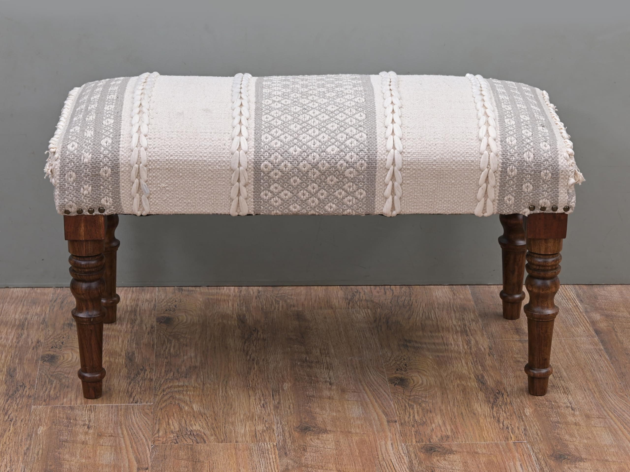 NATURAL FURNISH Entryway Mango Wooden Bench Table for Home Dining Room Bedroom| 2 Seater Bench | Modern Design Handmade Cotton Fabric upholstered (White)