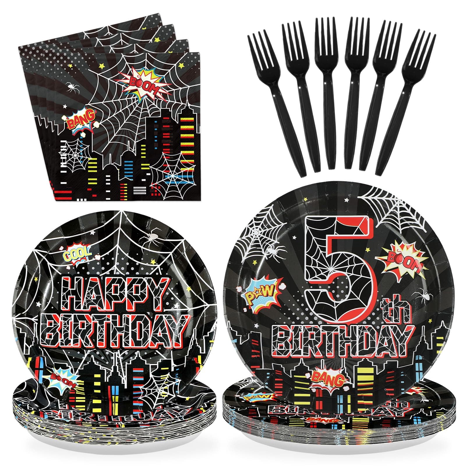 96Pcs Spider 5th Birthday Decorations for Boys Super Theme Hero 5th Birthday Plates and Napkins Black Red Spider Five Years Old Decoration Favors for Kids 5 Year Old Party Supplies Serves 24