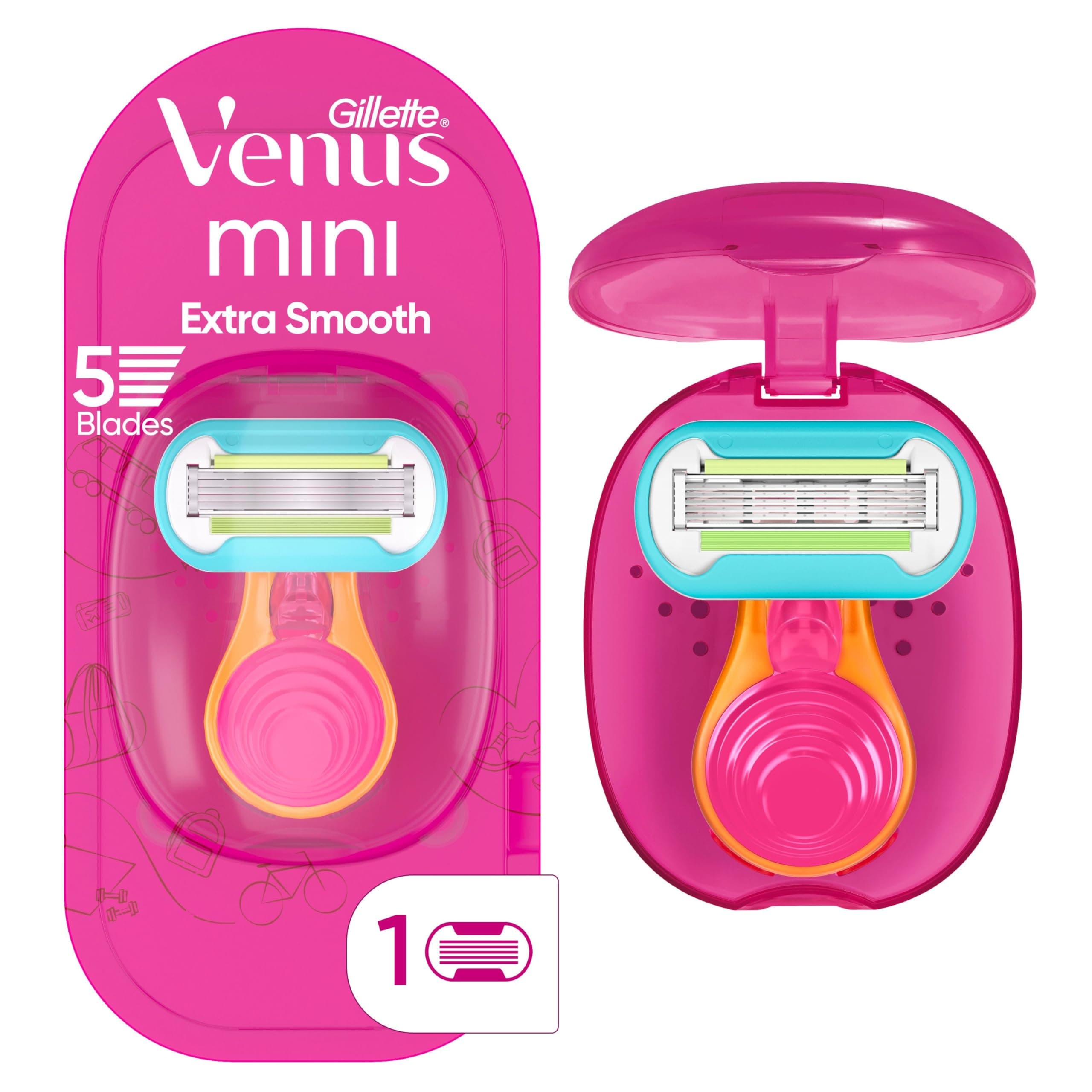 Gillette Venus Extra Smooth Mini On The Go,1 Women's Razor Handle, 1 "5-Bladed Razor Refill",1 Travel Case, 1 Pack (Count of 3)