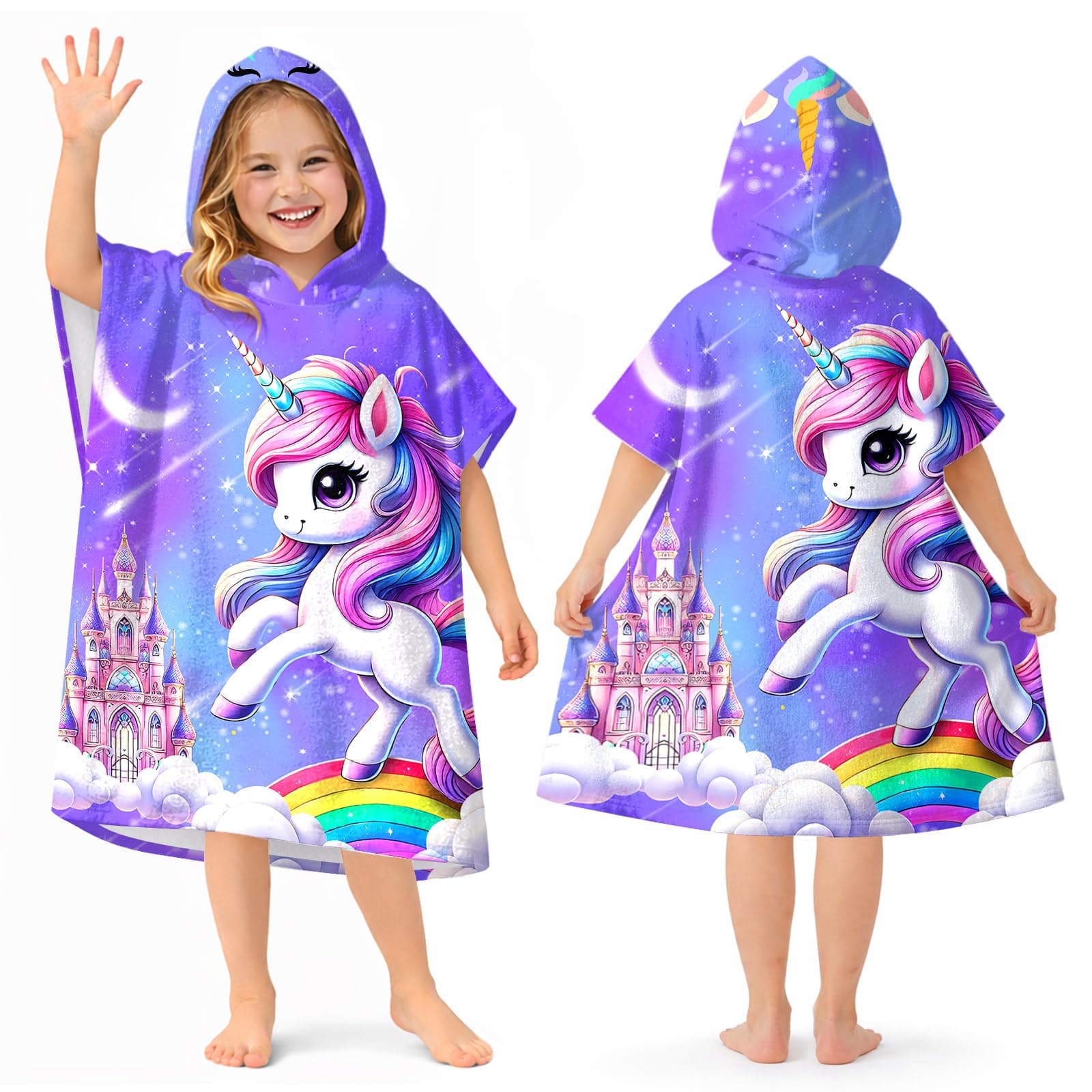 Gooddooes Kids Hooded Beach Towels Wrap for 8-14 Years,Cute Unicorn Theme Girls Swim Cover Up for Bathroom，31"x39" Quick Dry Purple Bath Towel Poncho,Perfect for Travel Vacation,Pool Party,Swimming