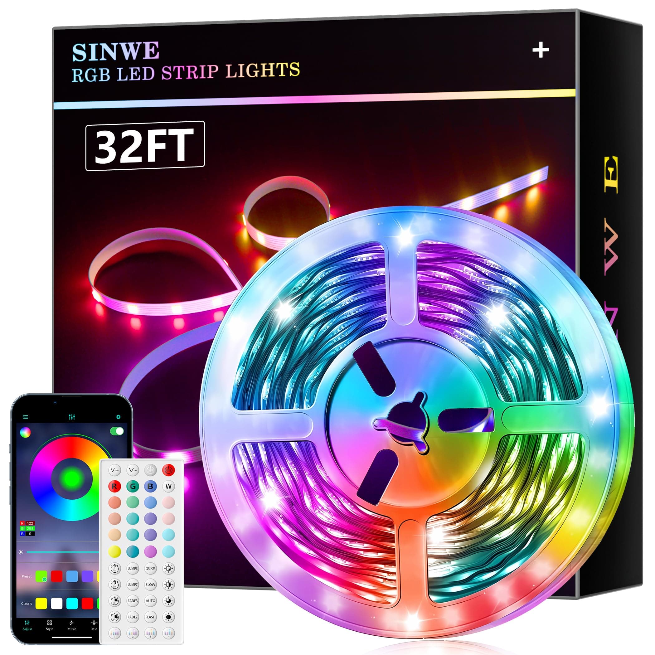 SINWE 32.8FT(10M) LED Strip Lights with App Control, Remote and Music Sync