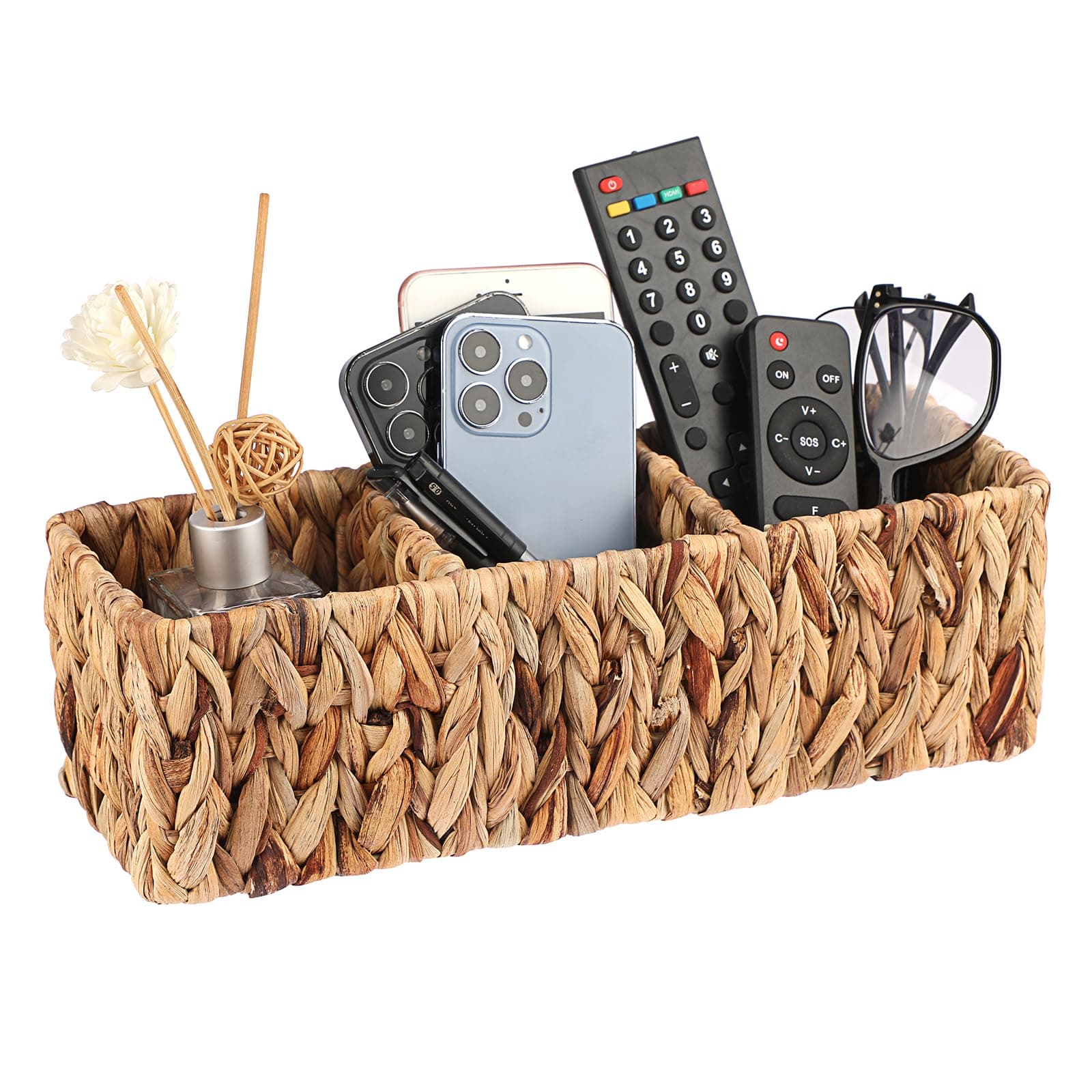 BTSKY Remote Control Holder for Desk, Hand-Woven Natural Water Hyacinth Remote Holder with 3 Slots, Remote Organizer Caddy for Table