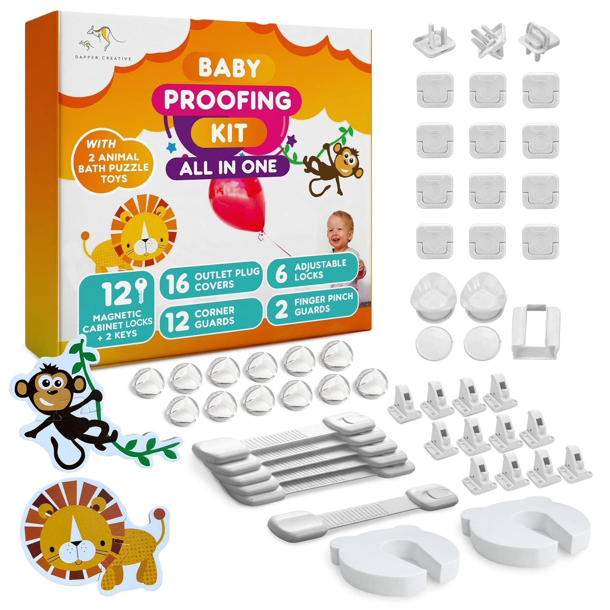 Baby Proofing Kit | 12 magnetic locks for cabinets, 2 keys, 12 corner protectors, 6 child seat belt locks, 16 Power Point covers, 2 finger pinch protectors | 2 baby bath puzzles | Protect your