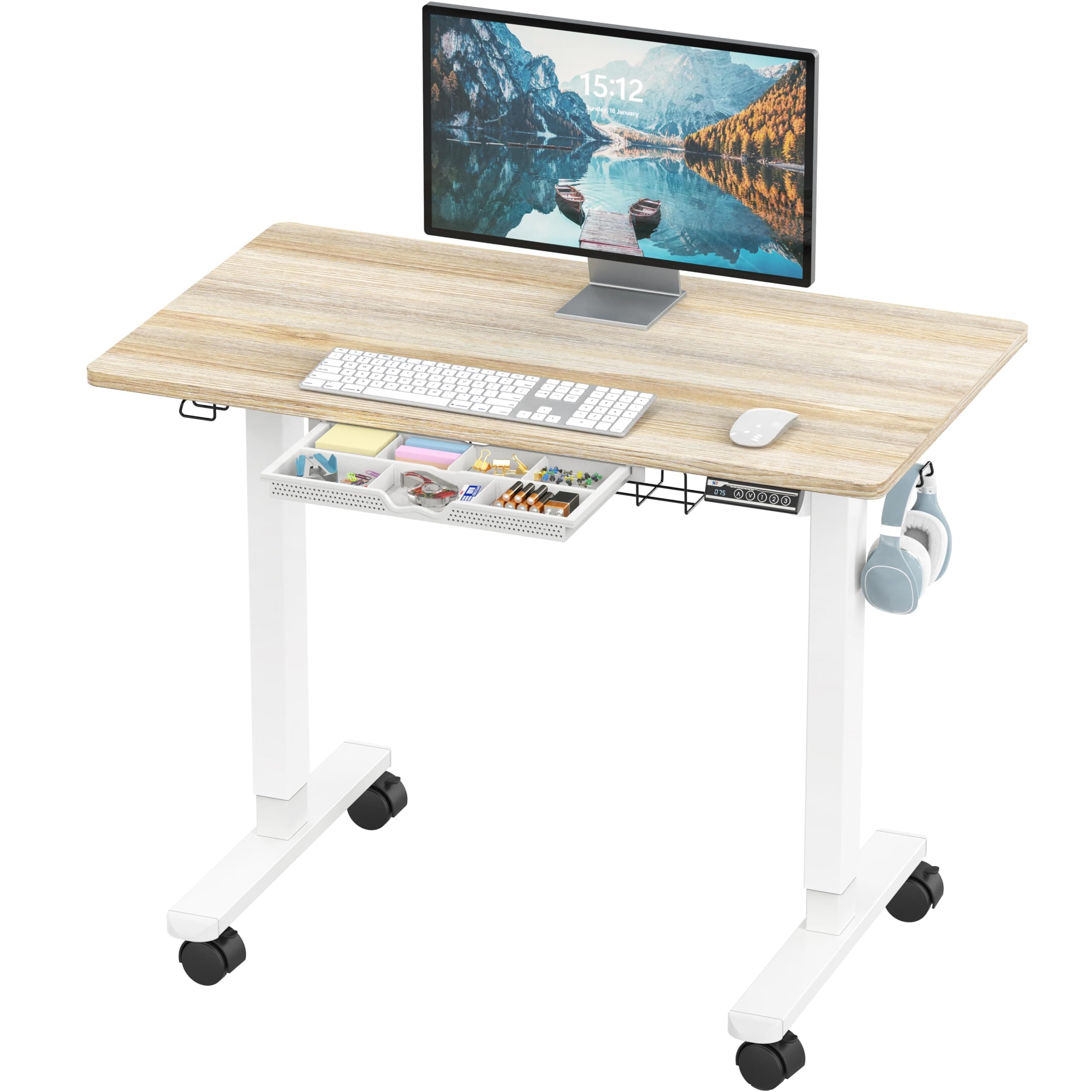 SHW Mobile Electric Height Adjustable Standing Desk w/Drawer, Maple