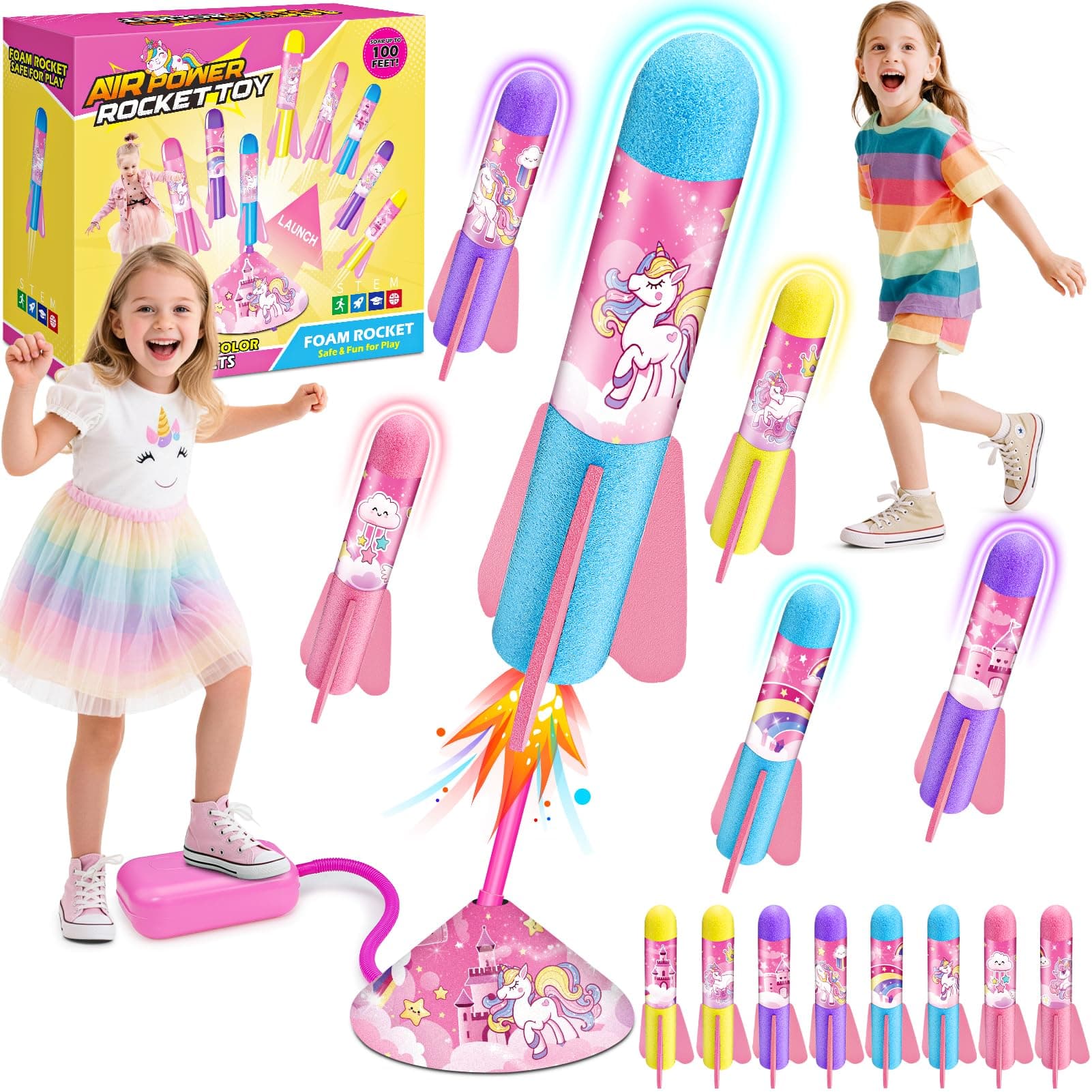 Notique 3 4 5 6 7 Year Old Girl Gifts, Unicorn Rocket Outdoor Toys for Girls Rocket Launcher with 8 Air Rockets Kids Girls Toys Unicorn Easter Birthday Girls Gifts 3-9 Years