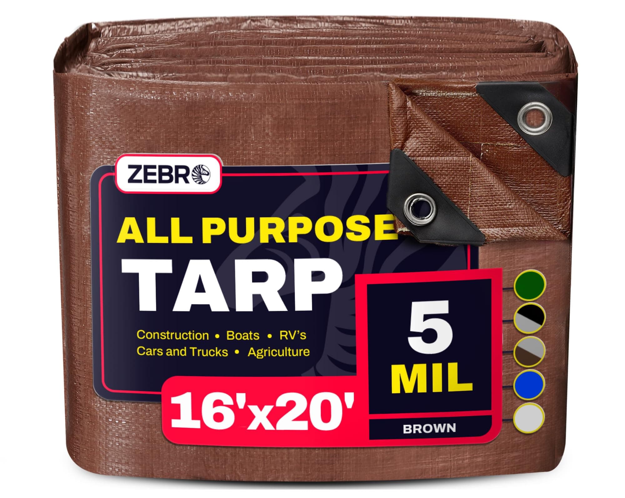 16' x 20' Brown Tarp with Grommets Reinforced - 5 Mil Thick - Durable UV Resistant Plastic Tarps Waterproof - Large Tarpaulin Cover for Outdoor Camping Over/Under Tent Tarp RV Roof Rain - Zebro