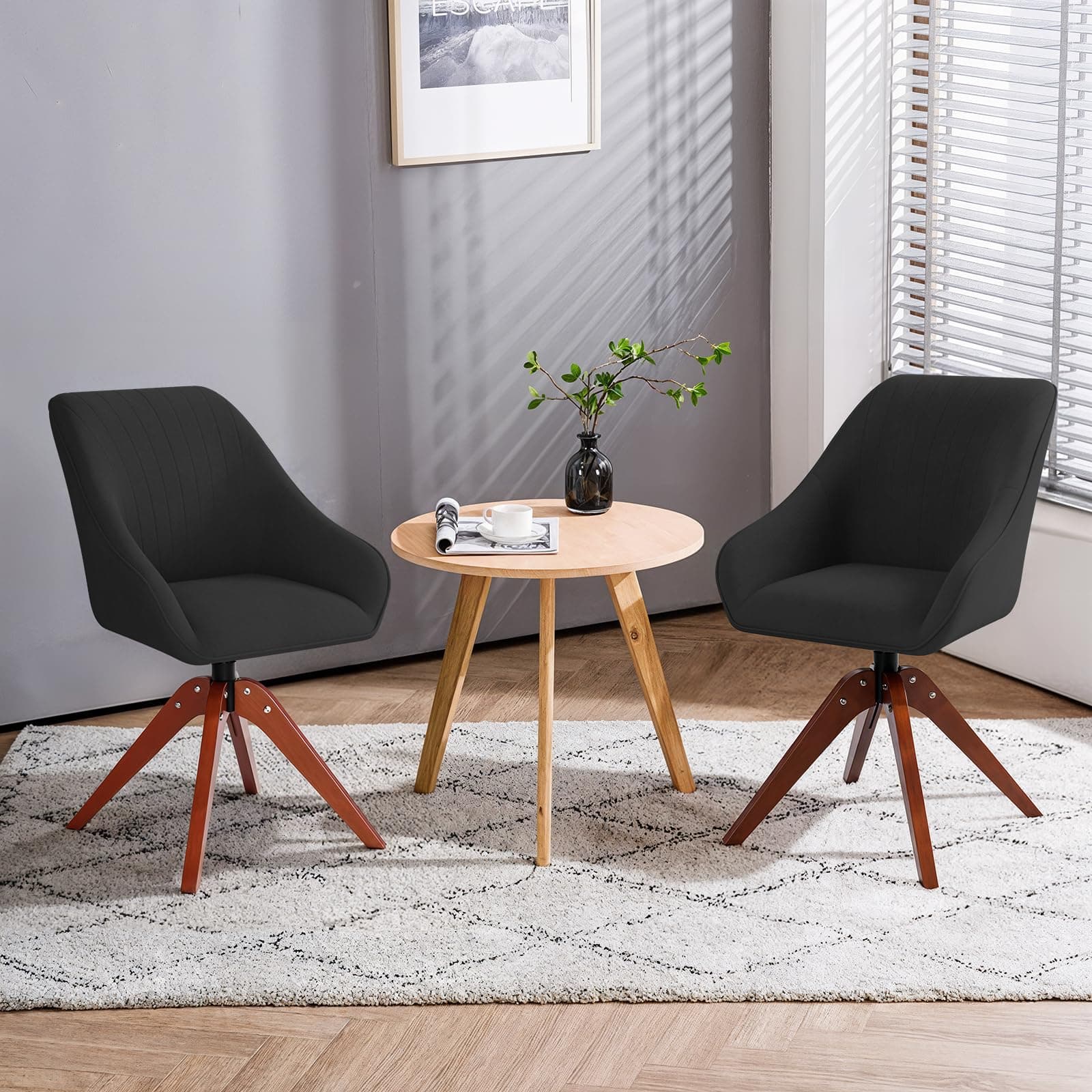 Swivel Accent Chair Set of 2 Modern Linen Upholstered Armchair Office Desk Chair No Wheels Comfortable Wooden Legs Comfy Vanity Chair Stylish Reading Chair for Bedroom Living Room Office Decor，Black