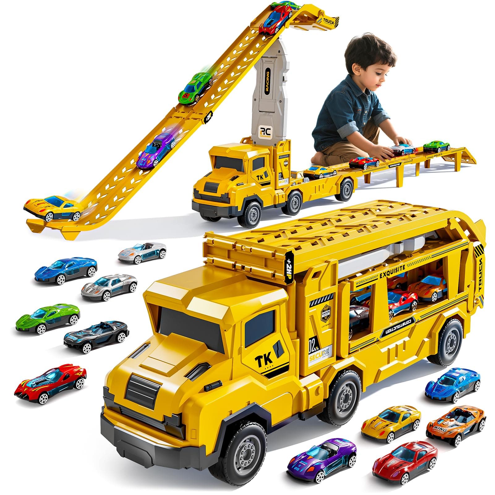 Transport Truck Toy for Kids, Transport Vehicle with Double Race Ramp Track