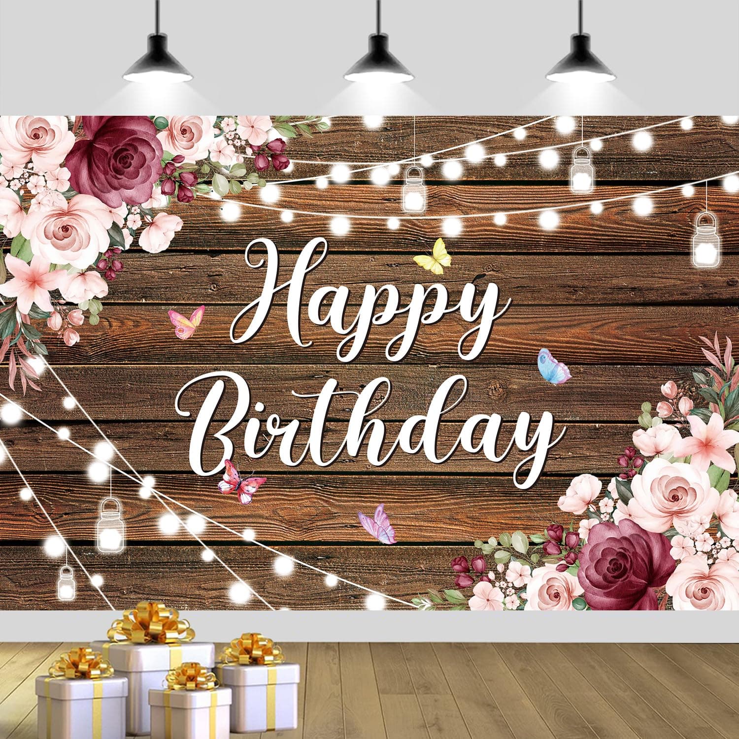 YinQin Rustic Wooden Flower Happy Birthday Party Photo Backdrop Background
