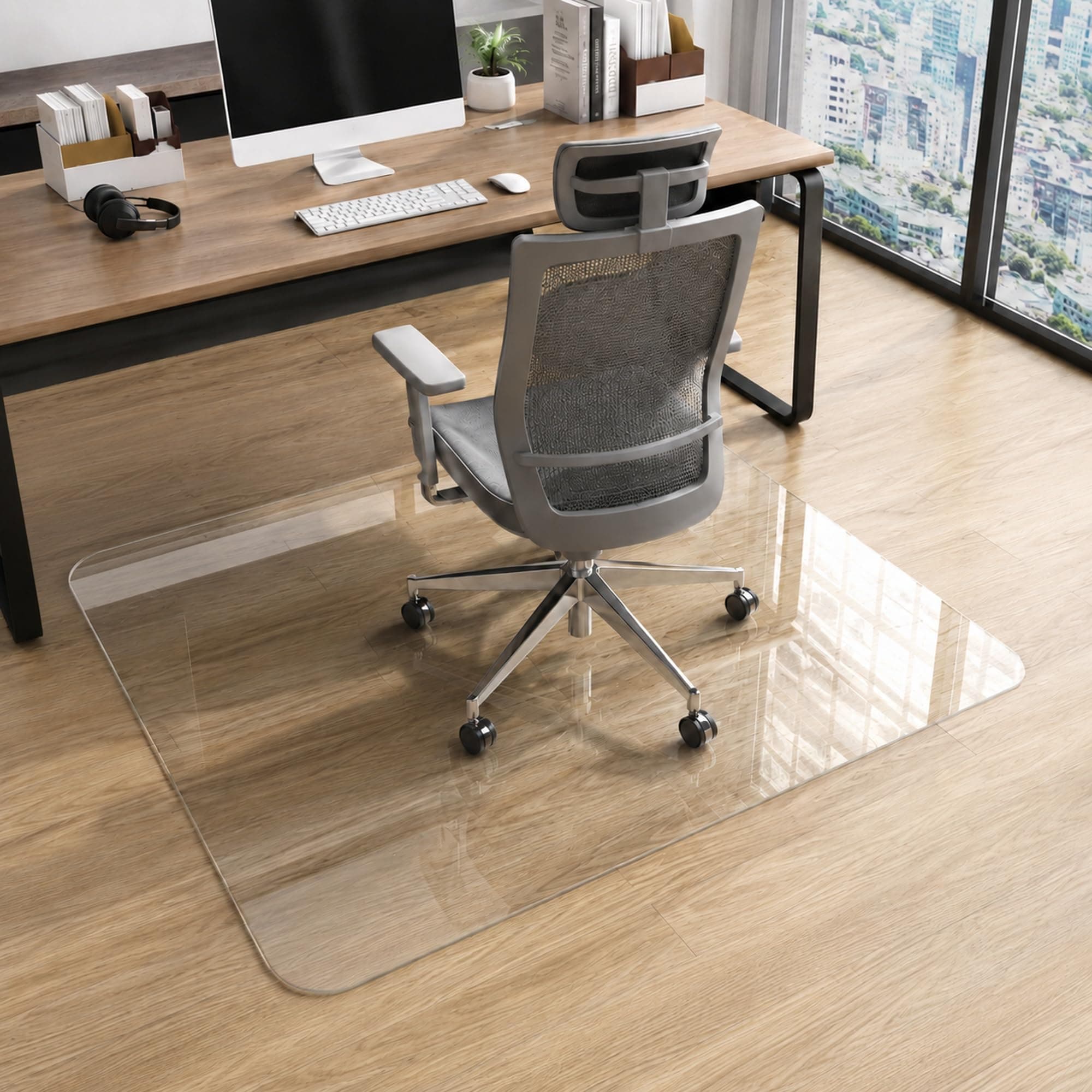 Tcyzest 40 x 48 Inch Glass Chair Mat, 1/5 Inch Thick Tempered Glass Office Chair Mat for Carpet and Hardwood Floors, Heavy Duty Clear Computer Desk Floor Protector with 4 Anti-Slip Pads
