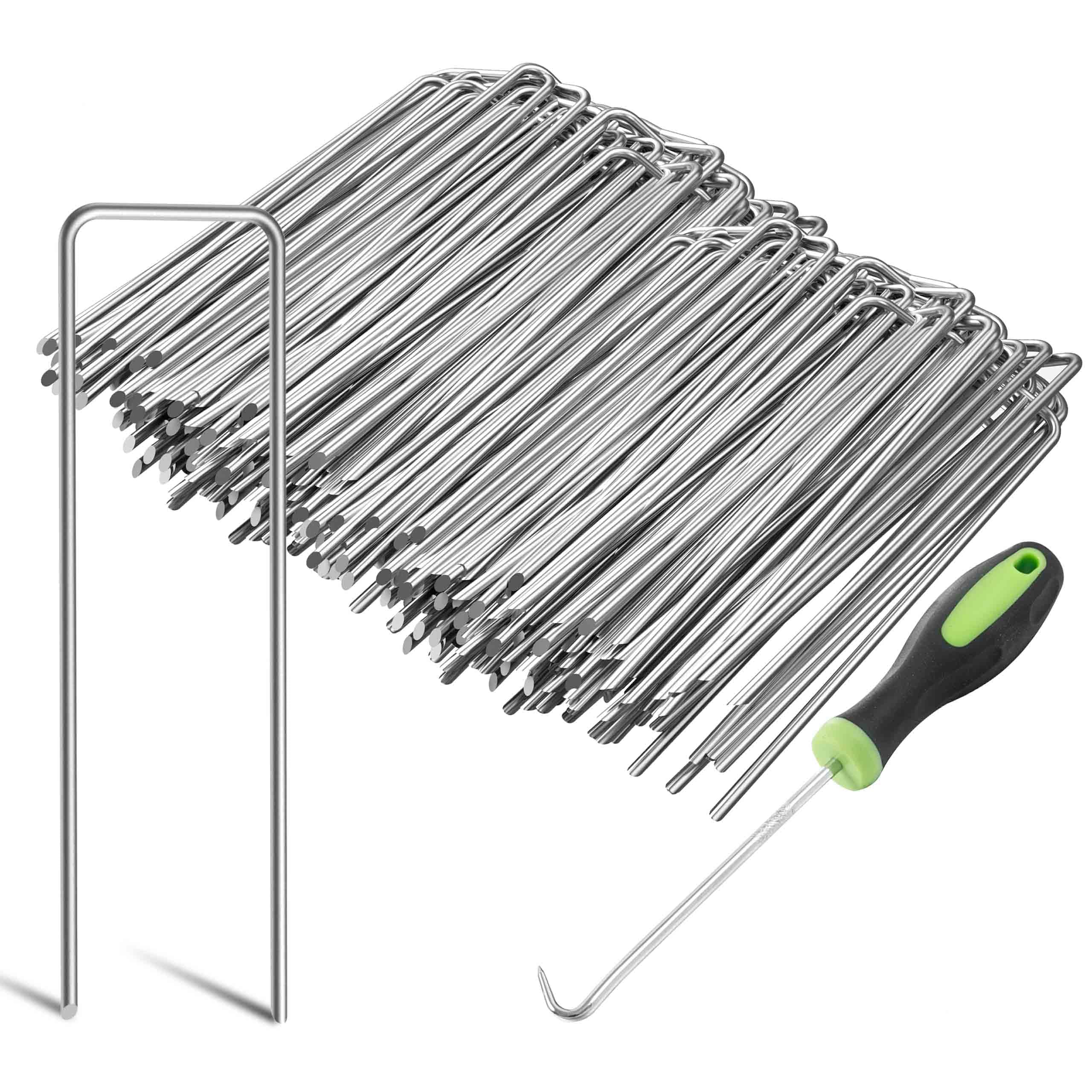Graxury 6 Inch Heavy Duty 11 Gauge Garden Pins Stakes - Galvanized Steel Staples Securing Pegs for Securing Anchoring Weed Fabric Landscape,Netting and Tubing with 1 Pick Hook (Staples, 100Packs)