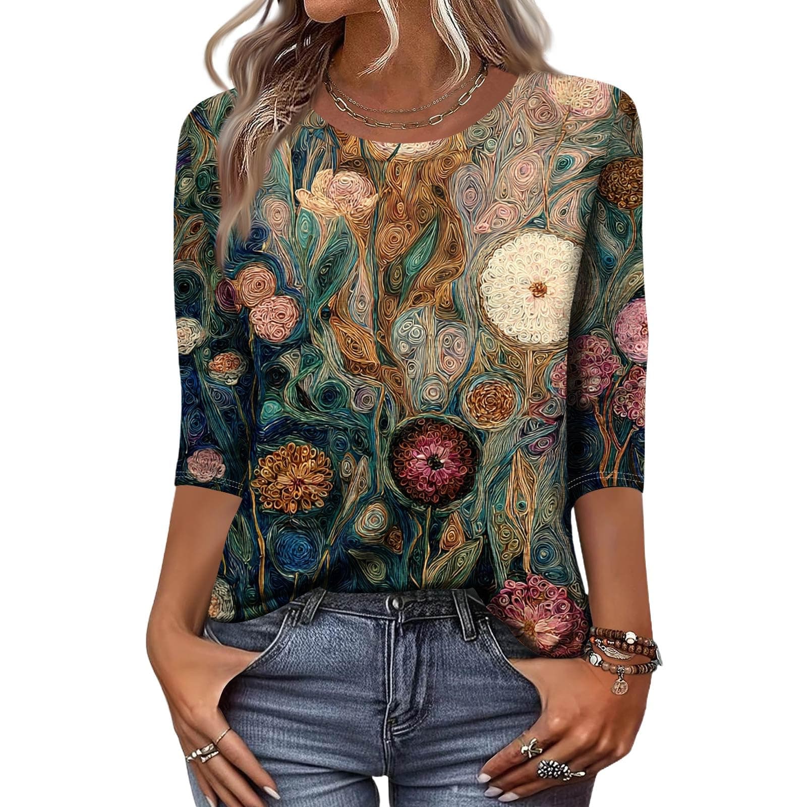 Boho Tops for Women 3/4 Length Sleeve Western Shirts Summer Women's Clothing Ladies Tops Business Casual Work Blouses Loose Fit Tunics Vintage Graphic Tees(H Pink,Large)