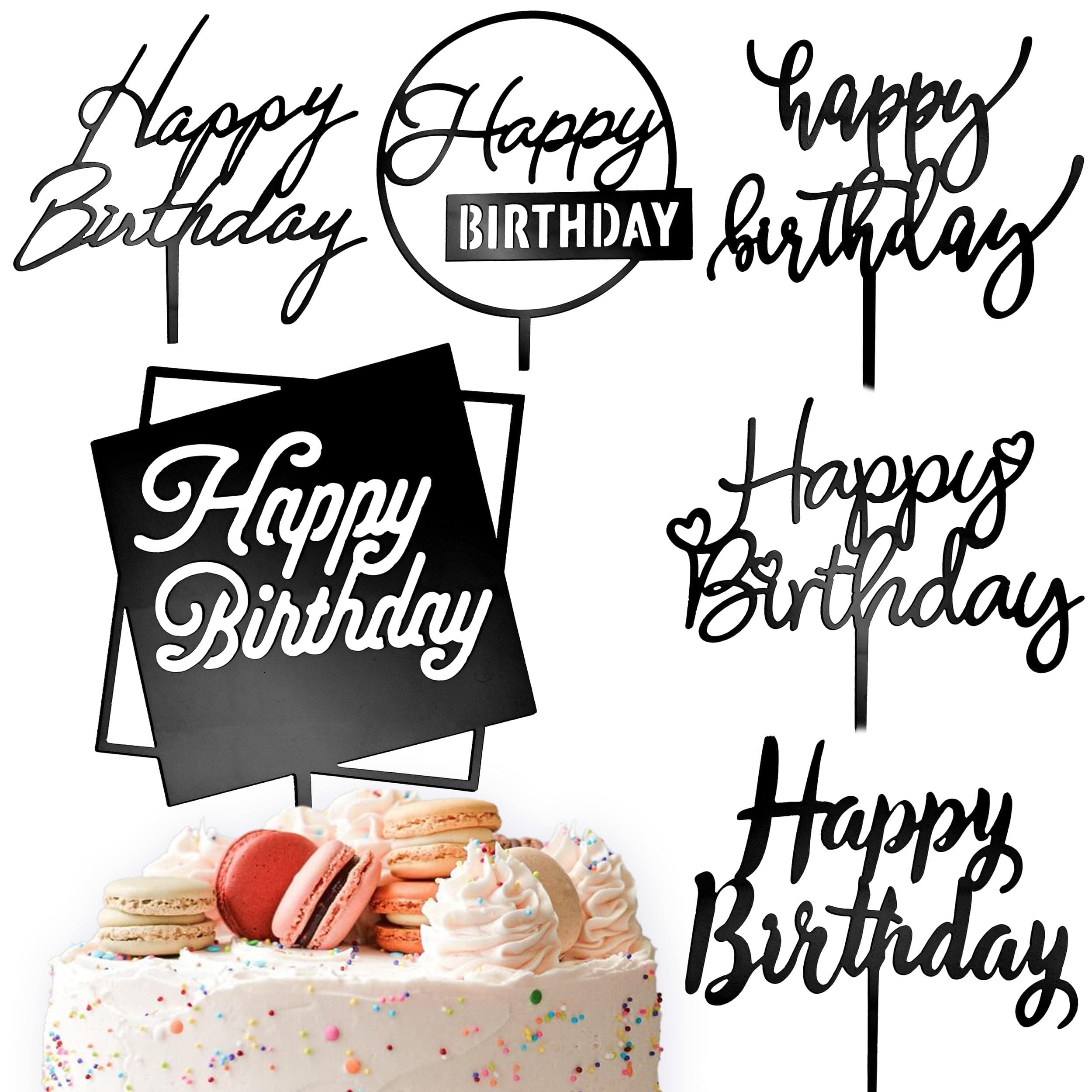 Apluselection 6 Pcs Happy Birthday Cake Toppers, Kid's or Adult's Birthday Cake Decoration (Black)